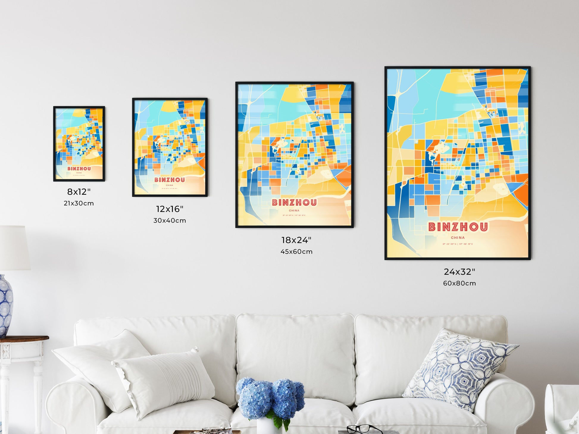 Colorful BINZHOU CHINA Fine Art Map Blue Orange