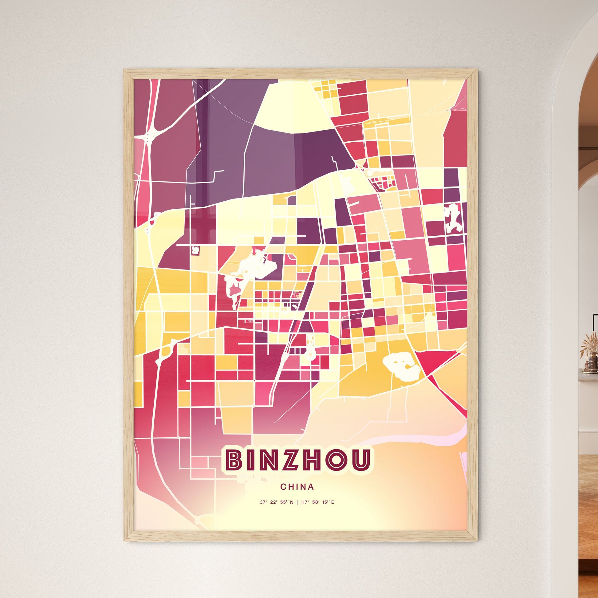 Colorful BINZHOU CHINA Fine Art Map Hot Red