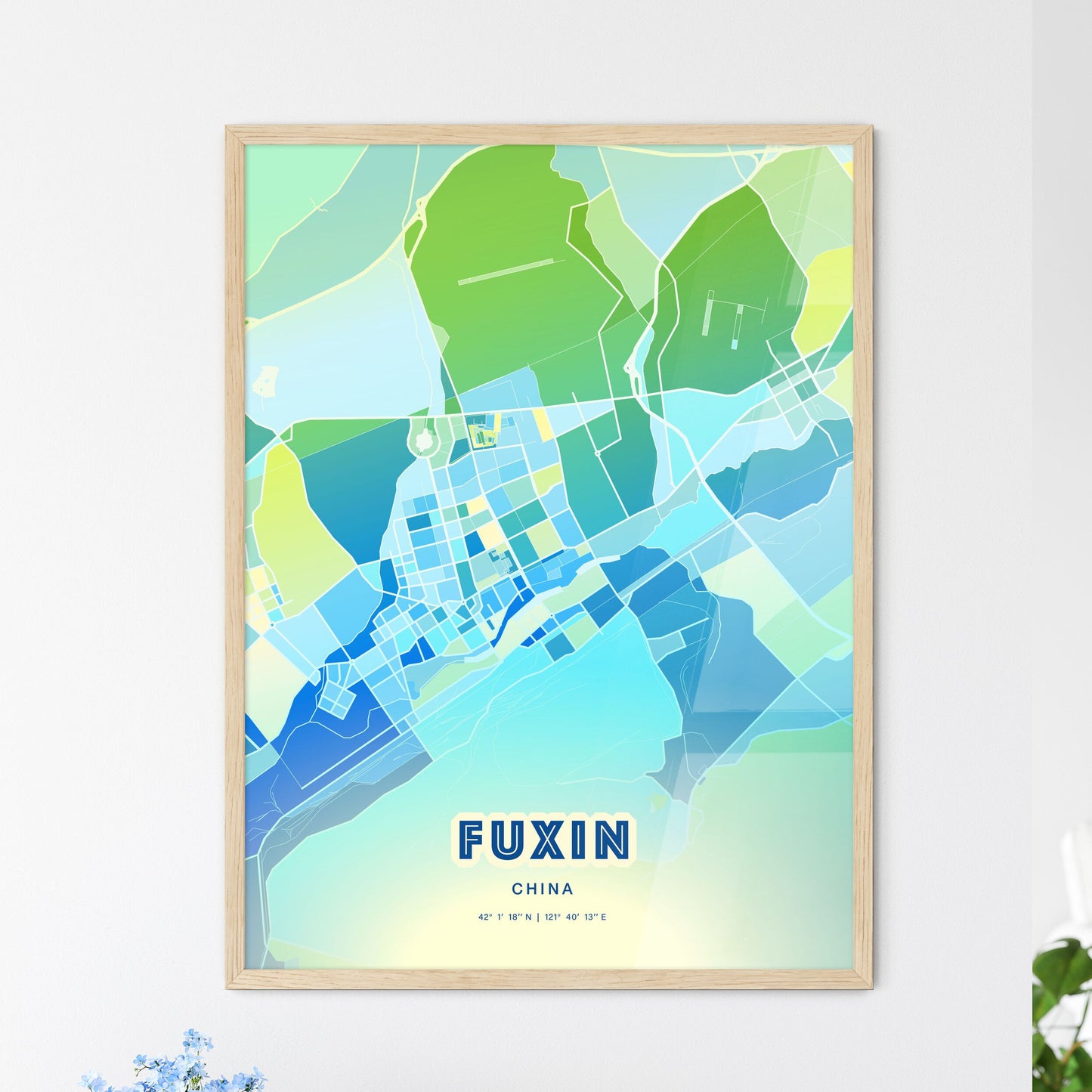 Colorful FUXIN CHINA Fine Art Map Cool Blue