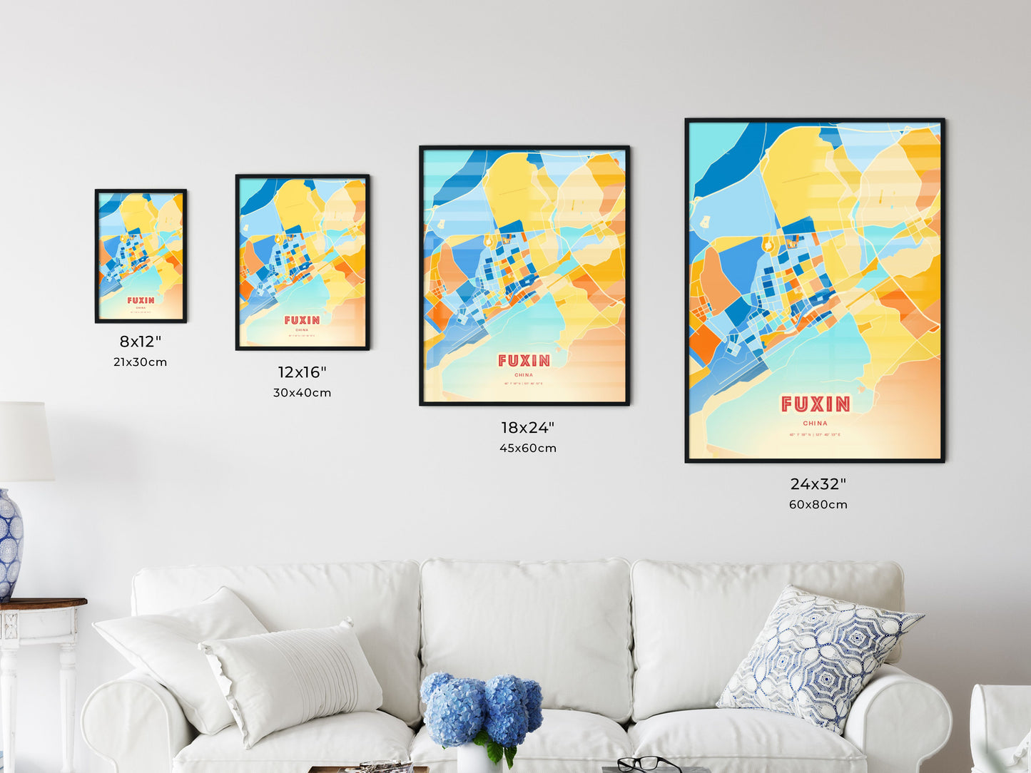 Colorful FUXIN CHINA Fine Art Map Blue Orange