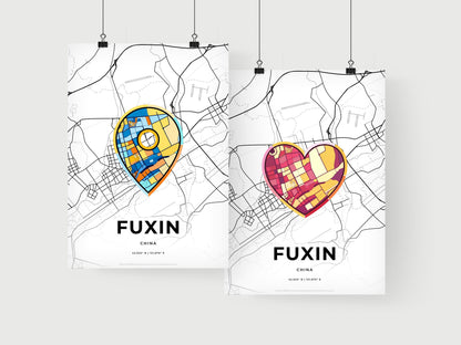 FUXIN CHINA minimal art map with a colorful icon. Where it all began, Couple map gift.