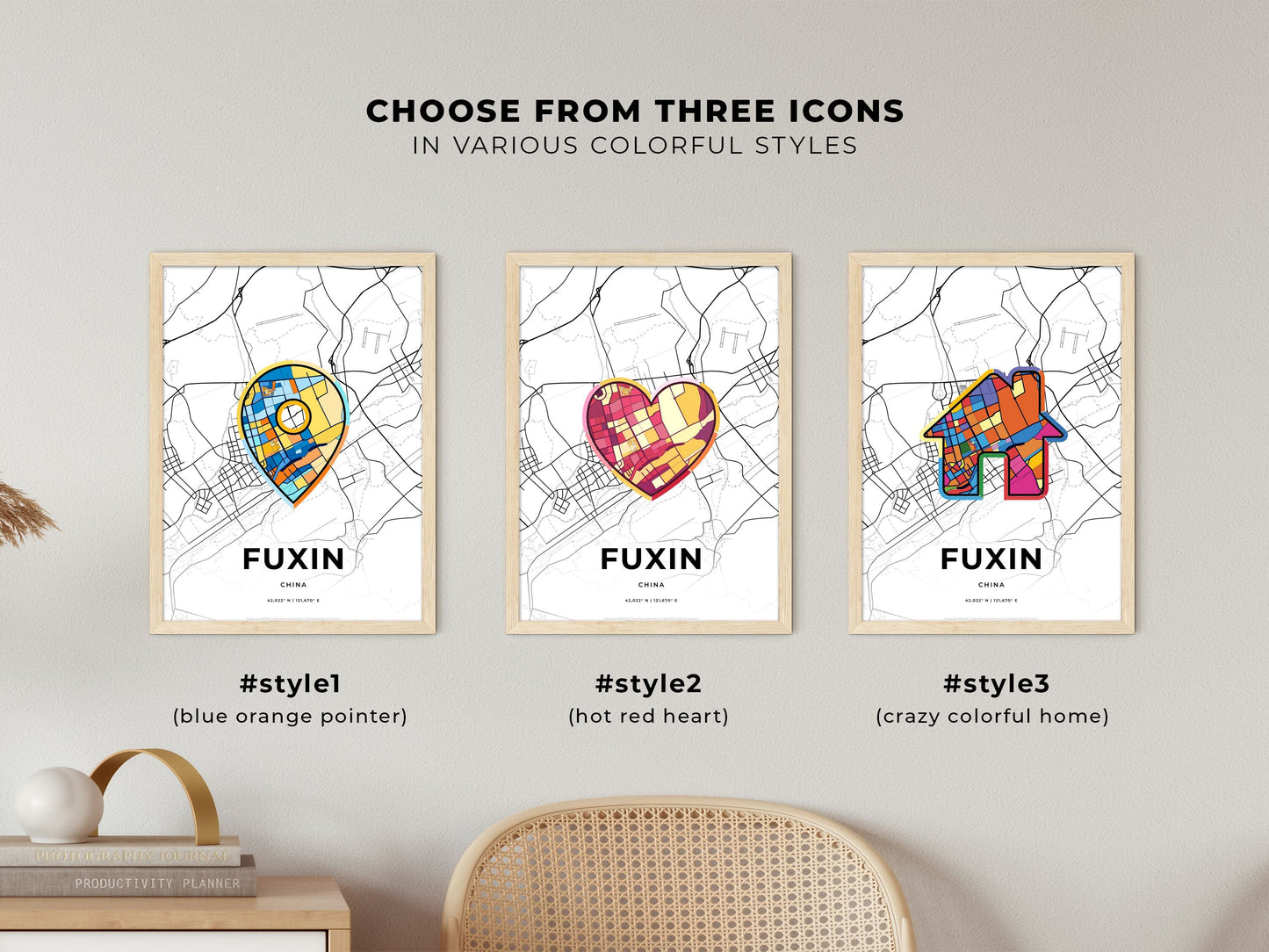 FUXIN CHINA minimal art map with a colorful icon. Where it all began, Couple map gift.