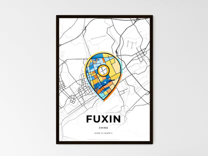 FUXIN CHINA minimal art map with a colorful icon. Where it all began, Couple map gift. Style 1
