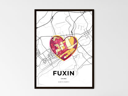 FUXIN CHINA minimal art map with a colorful icon. Where it all began, Couple map gift. Style 2