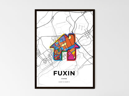 FUXIN CHINA minimal art map with a colorful icon. Where it all began, Couple map gift. Style 3