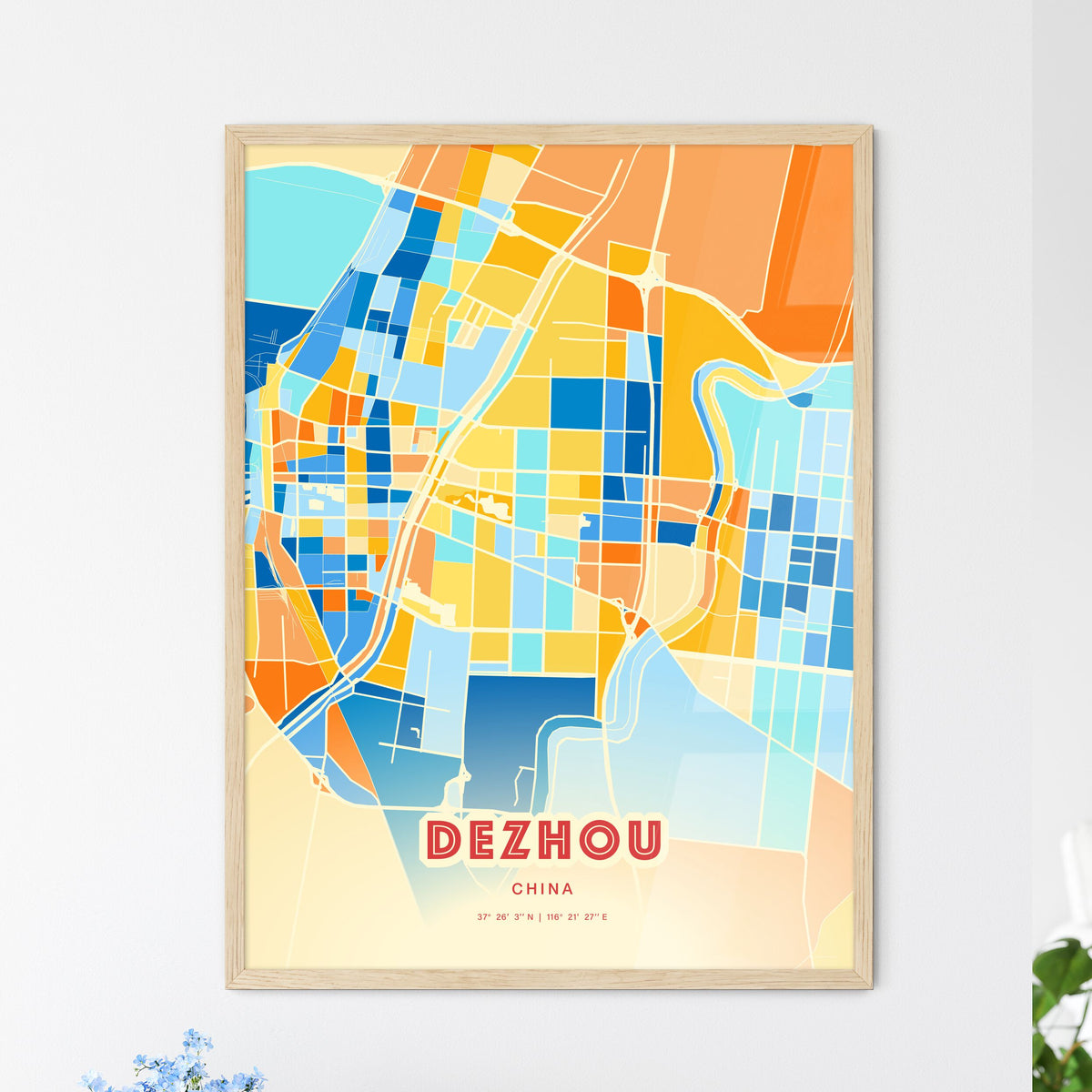 Colorful DEZHOU CHINA Fine Art Map Blue Orange