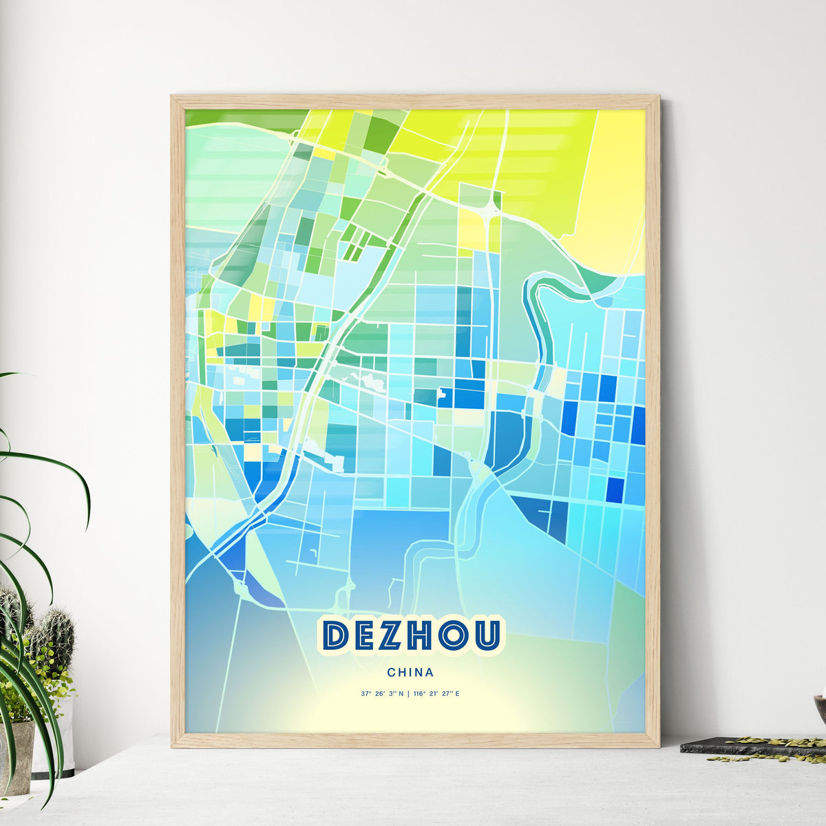 Colorful DEZHOU CHINA Fine Art Map Cool Blue