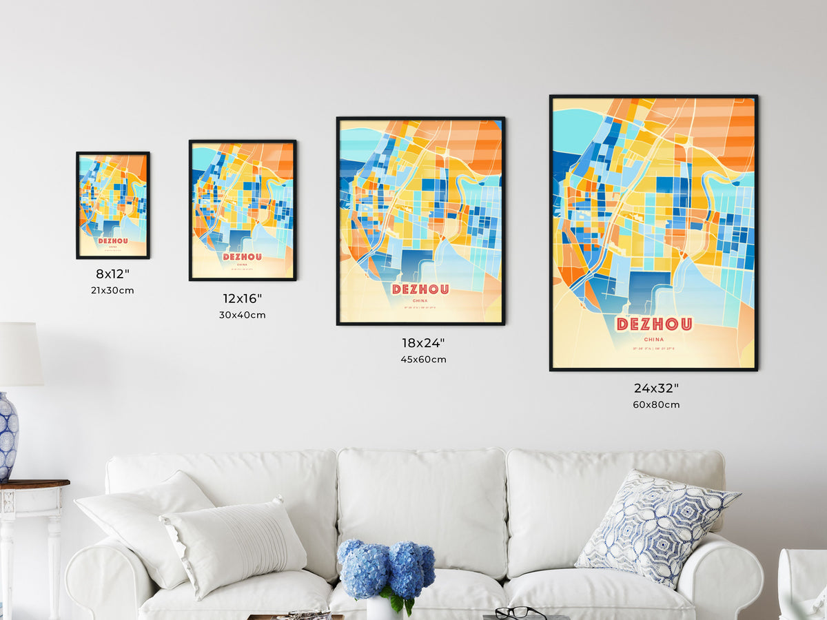 Colorful DEZHOU CHINA Fine Art Map Blue Orange