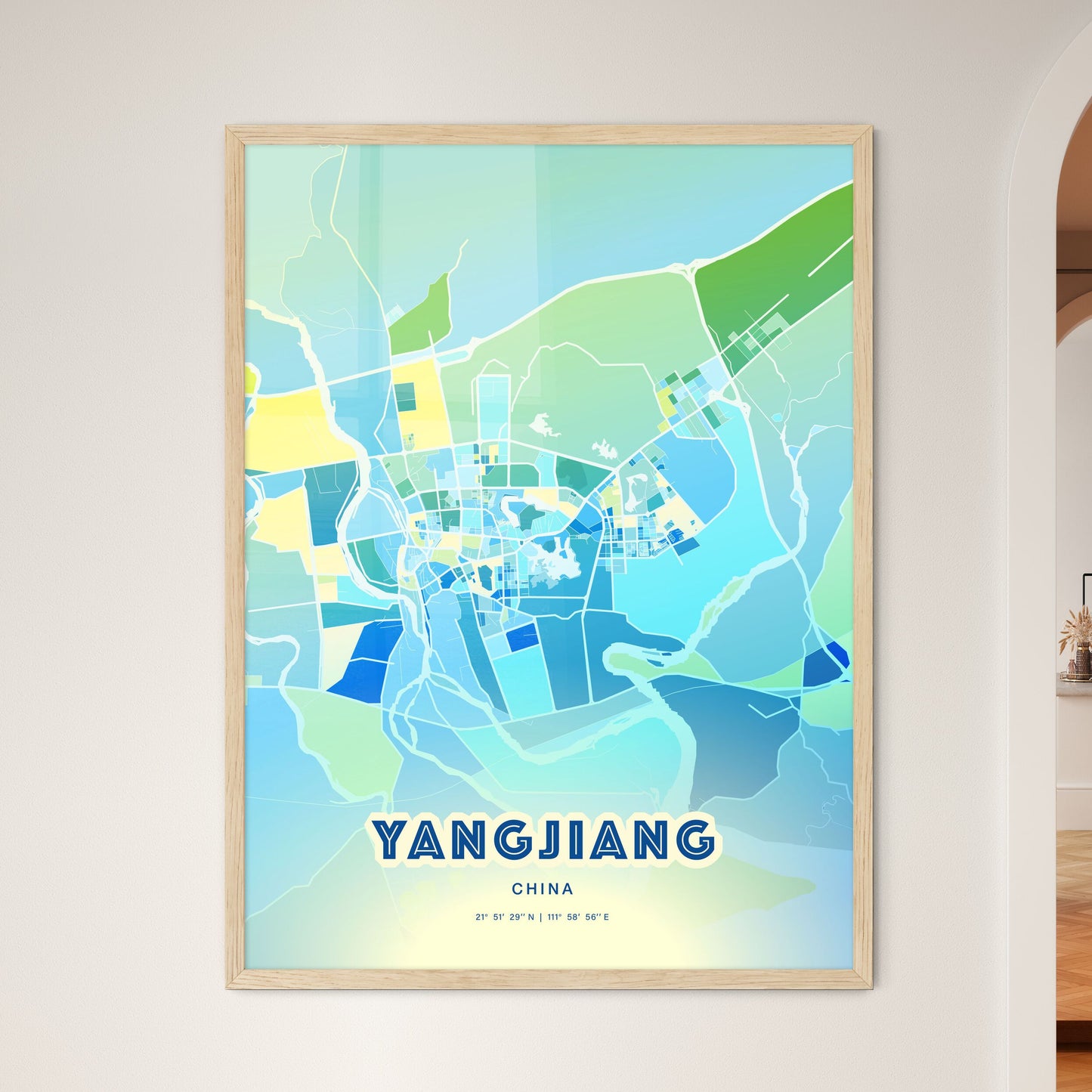 Colorful YANGJIANG CHINA Fine Art Map Cool Blue