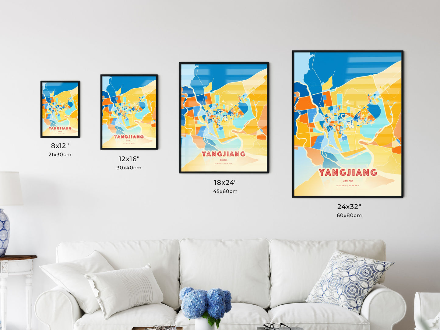 Colorful YANGJIANG CHINA Fine Art Map Blue Orange