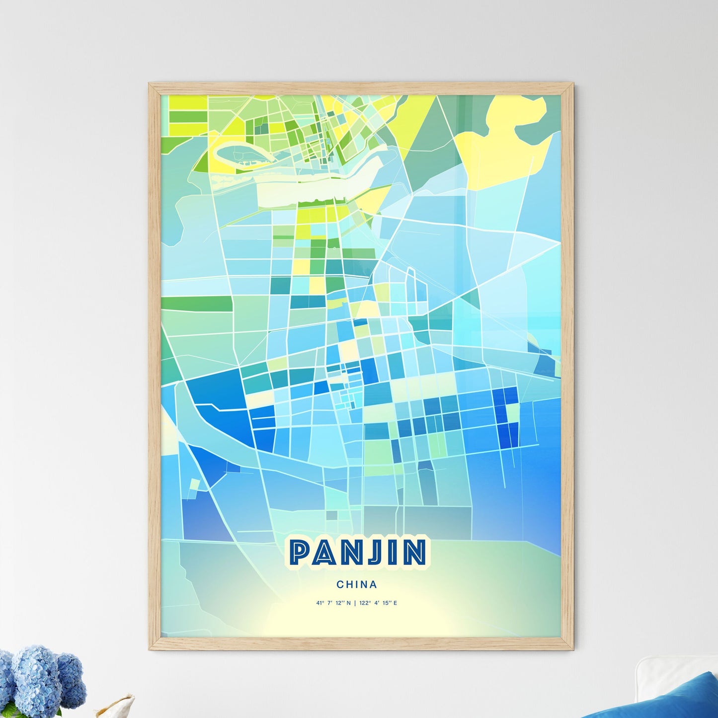 Colorful PANJIN CHINA Fine Art Map Cool Blue