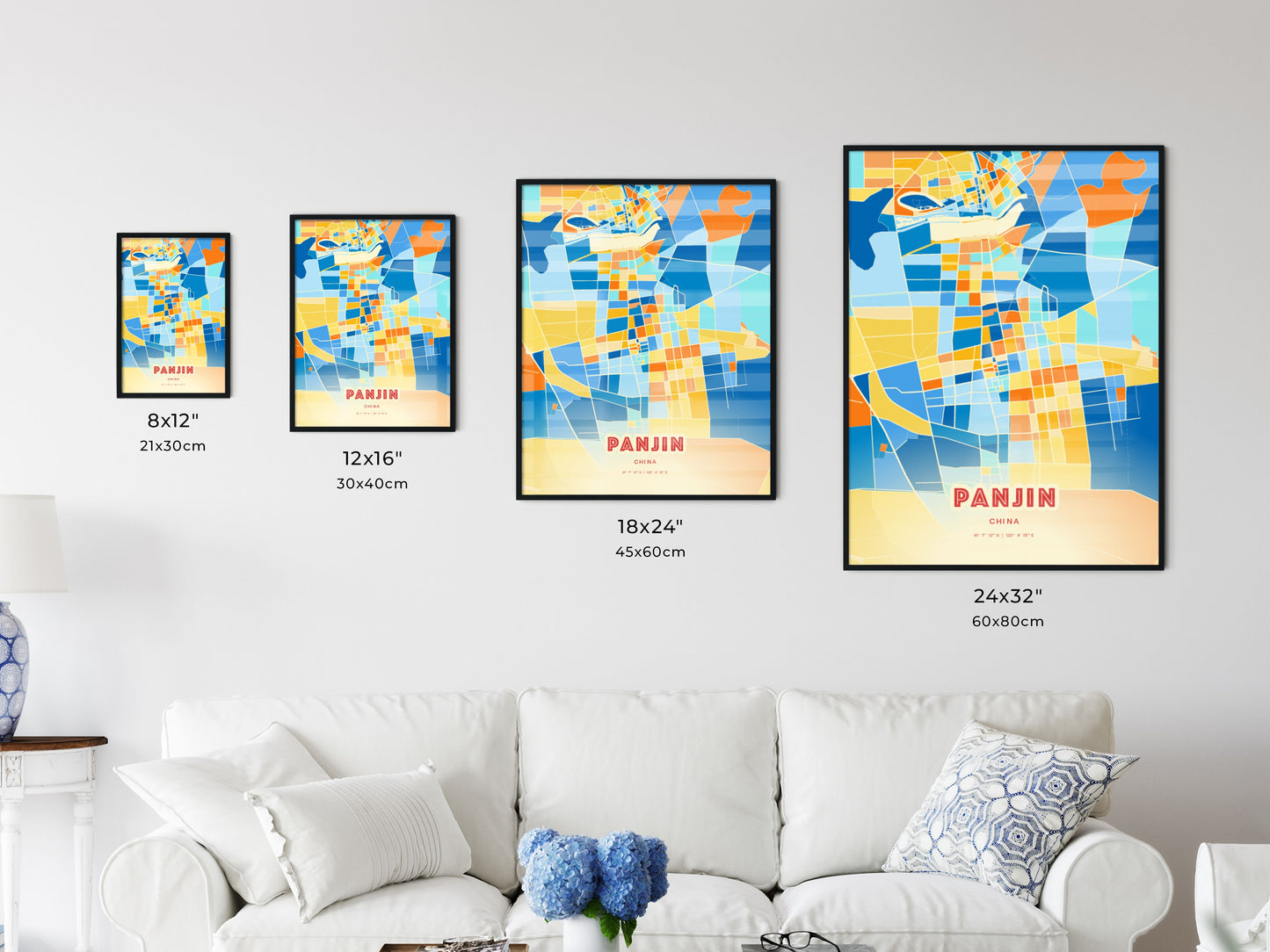 Colorful PANJIN CHINA Fine Art Map Blue Orange