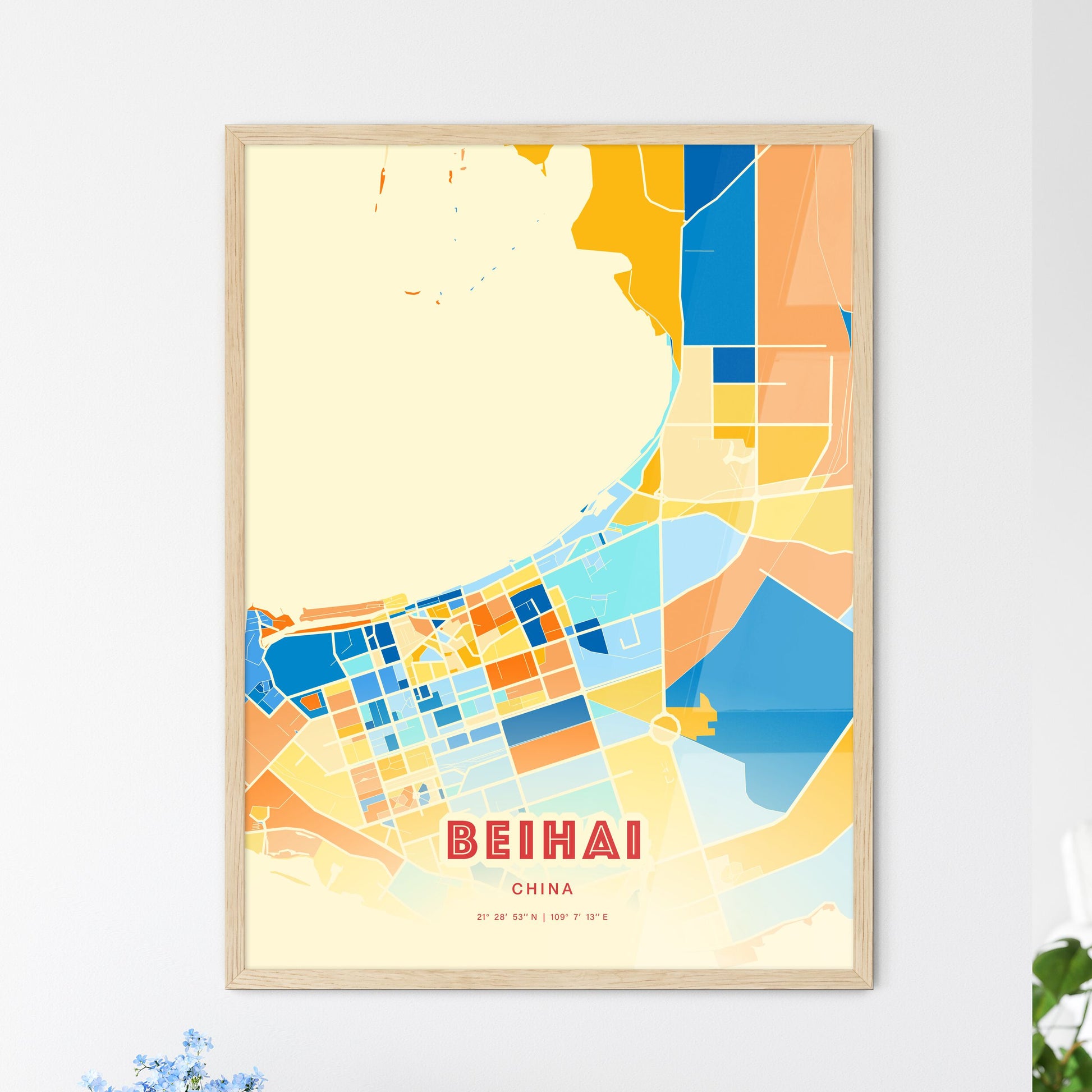 Colorful BEIHAI CHINA Fine Art Map Blue Orange