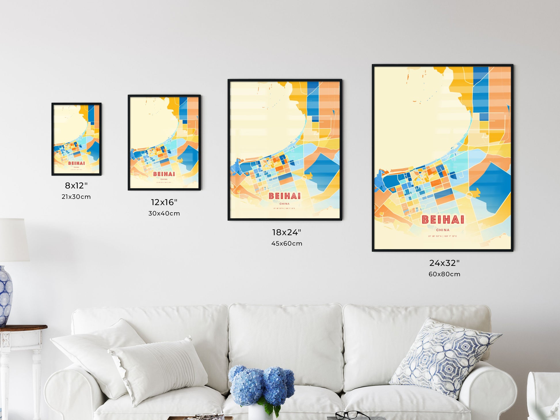 Colorful BEIHAI CHINA Fine Art Map Blue Orange