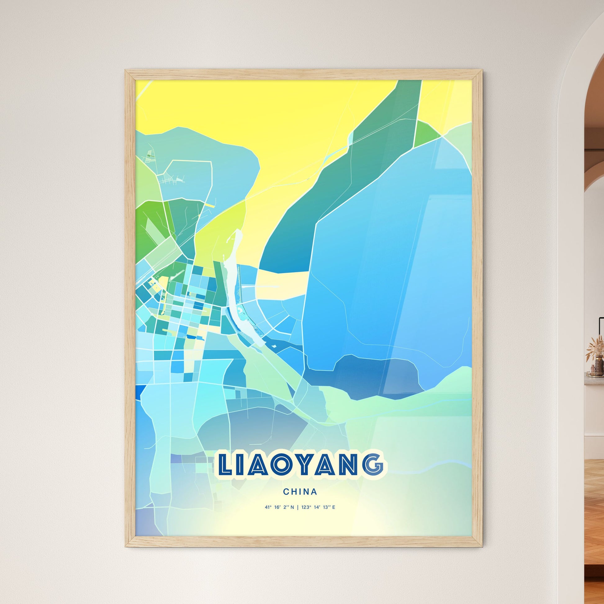 Colorful LIAOYANG CHINA Fine Art Map Cool Blue