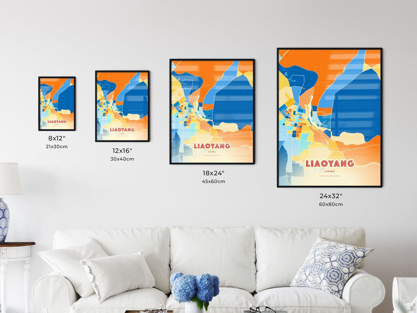 Colorful LIAOYANG CHINA Fine Art Map Blue Orange