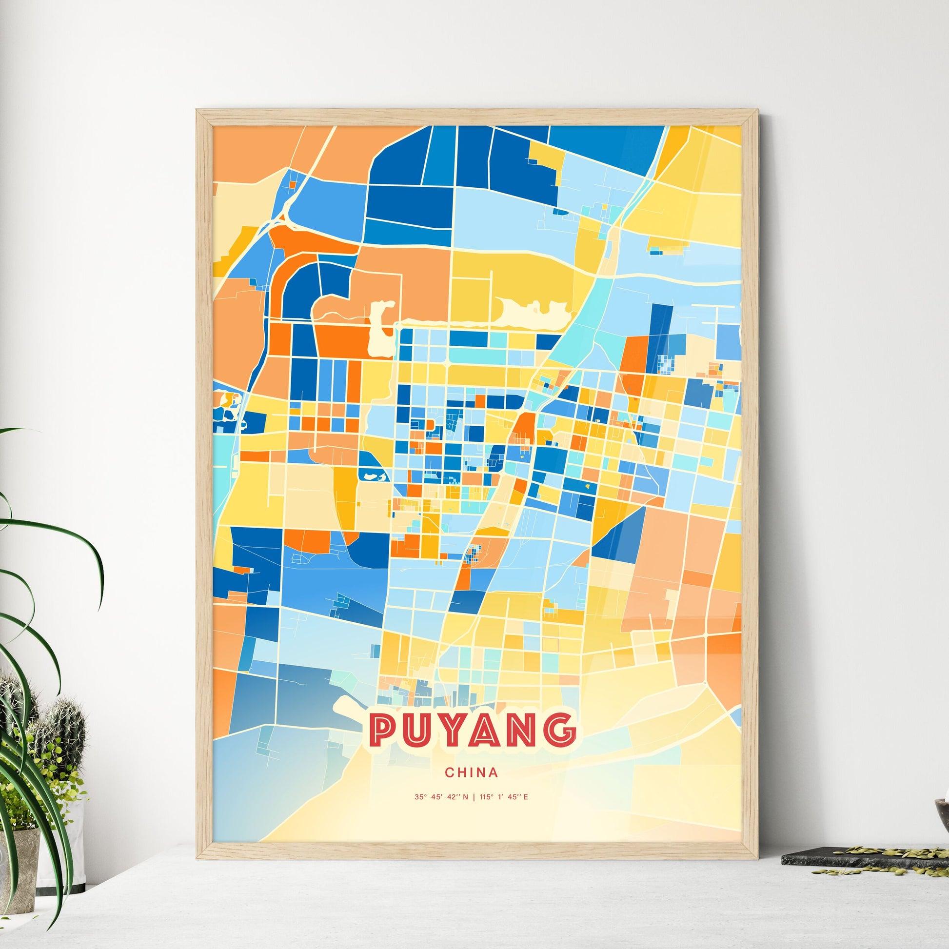 Colorful PUYANG CHINA Fine Art Map Blue Orange