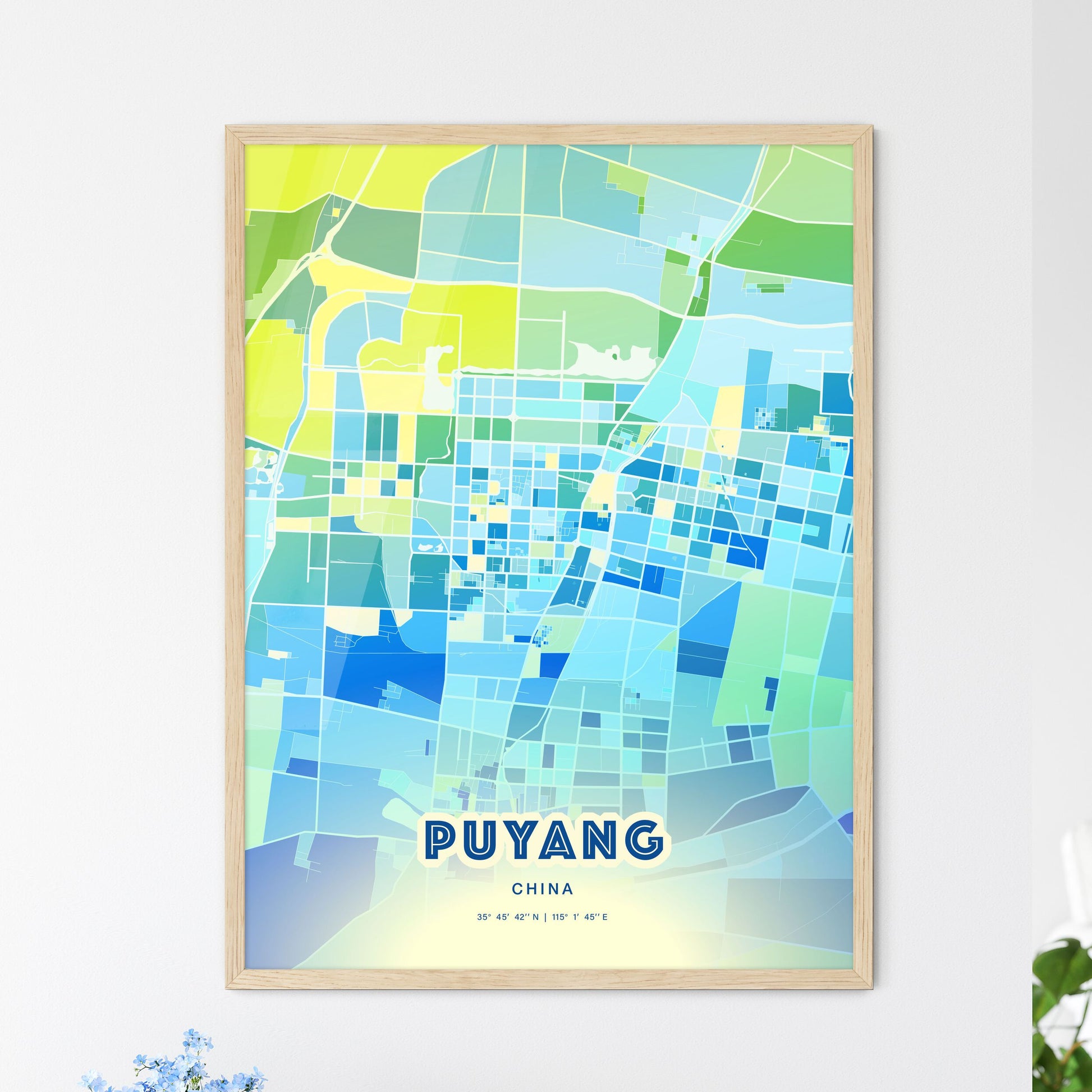 Colorful PUYANG CHINA Fine Art Map Cool Blue