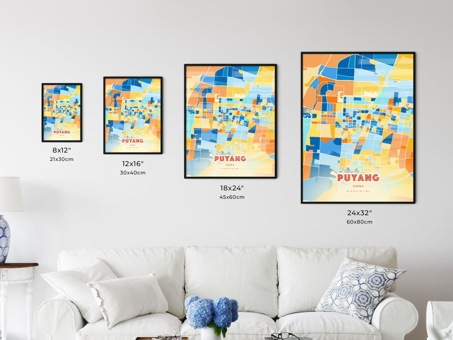 Colorful PUYANG CHINA Fine Art Map Blue Orange