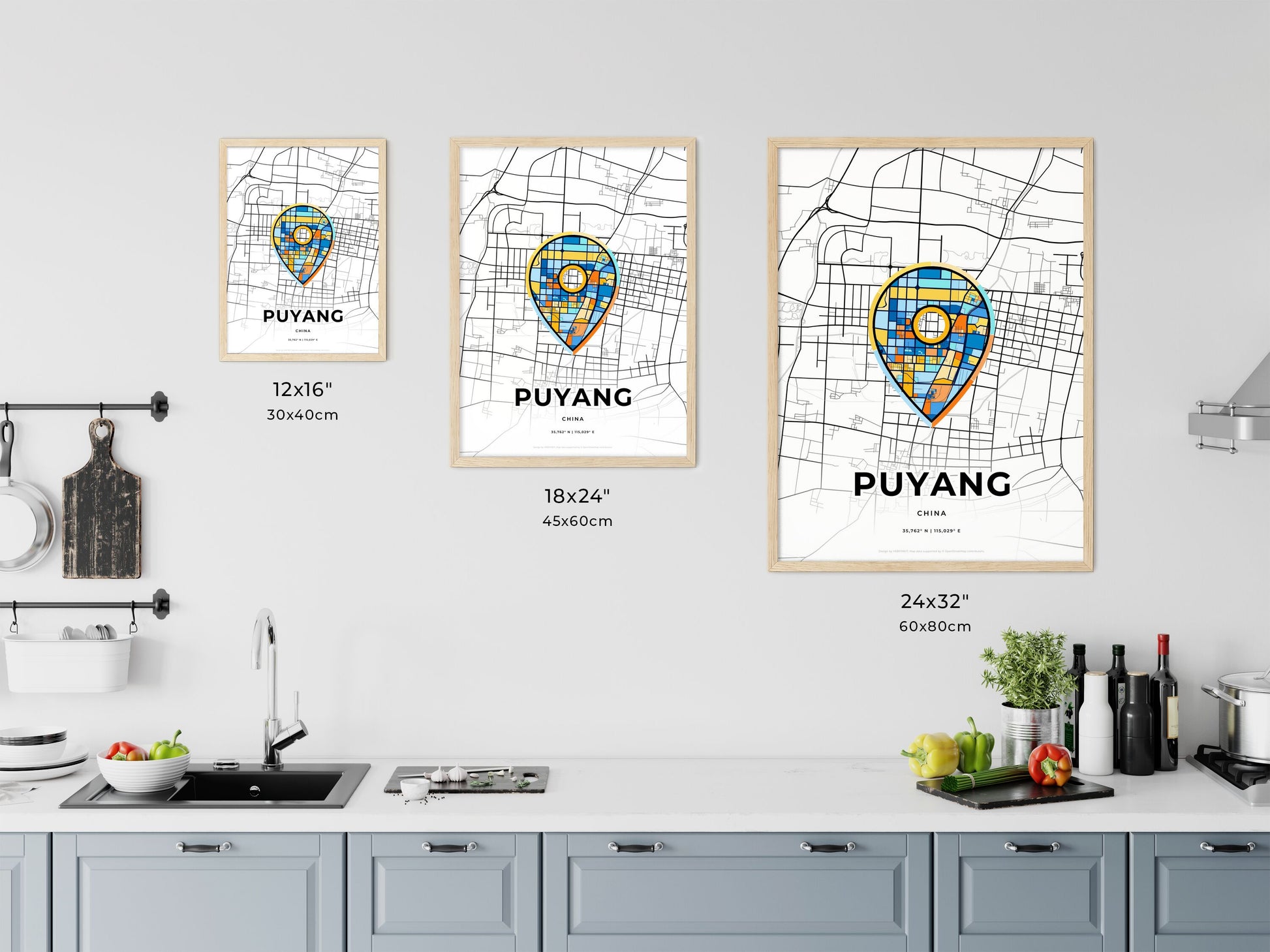 PUYANG CHINA minimal art map with a colorful icon.