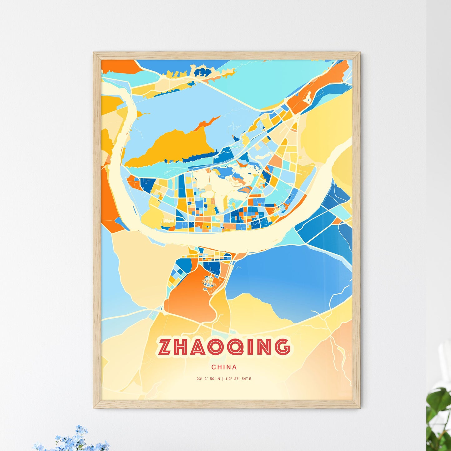 Colorful ZHAOQING CHINA Fine Art Map Blue Orange