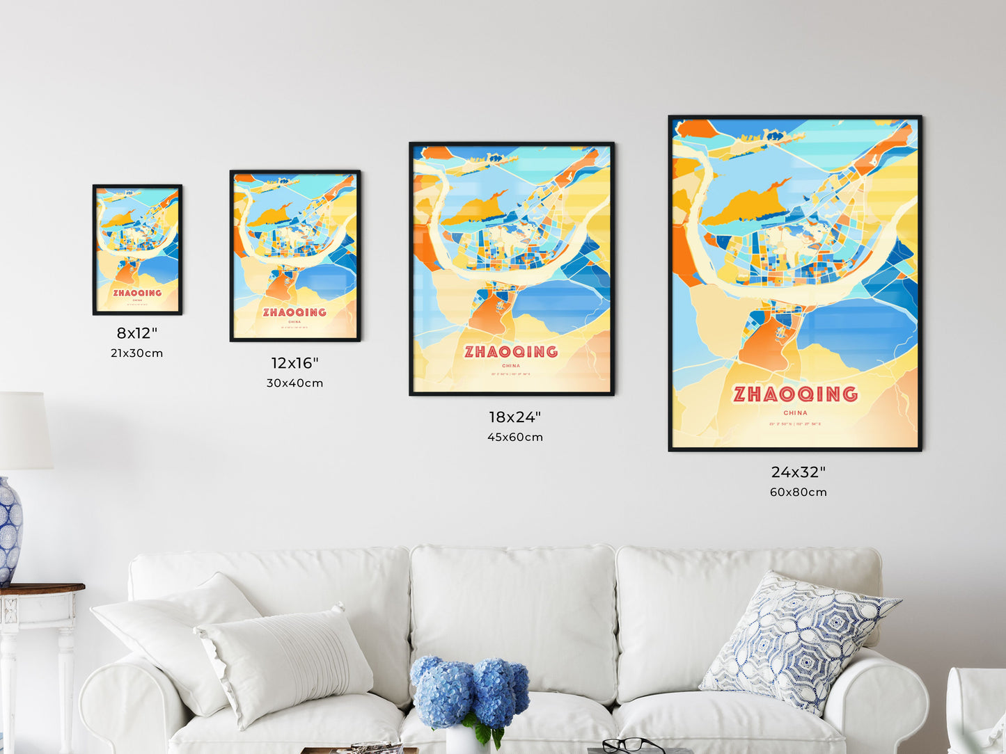 Colorful ZHAOQING CHINA Fine Art Map Blue Orange