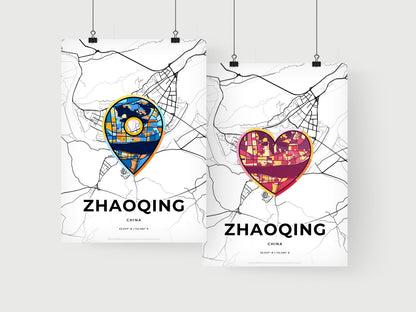 ZHAOQING CHINA minimal art map with a colorful icon.