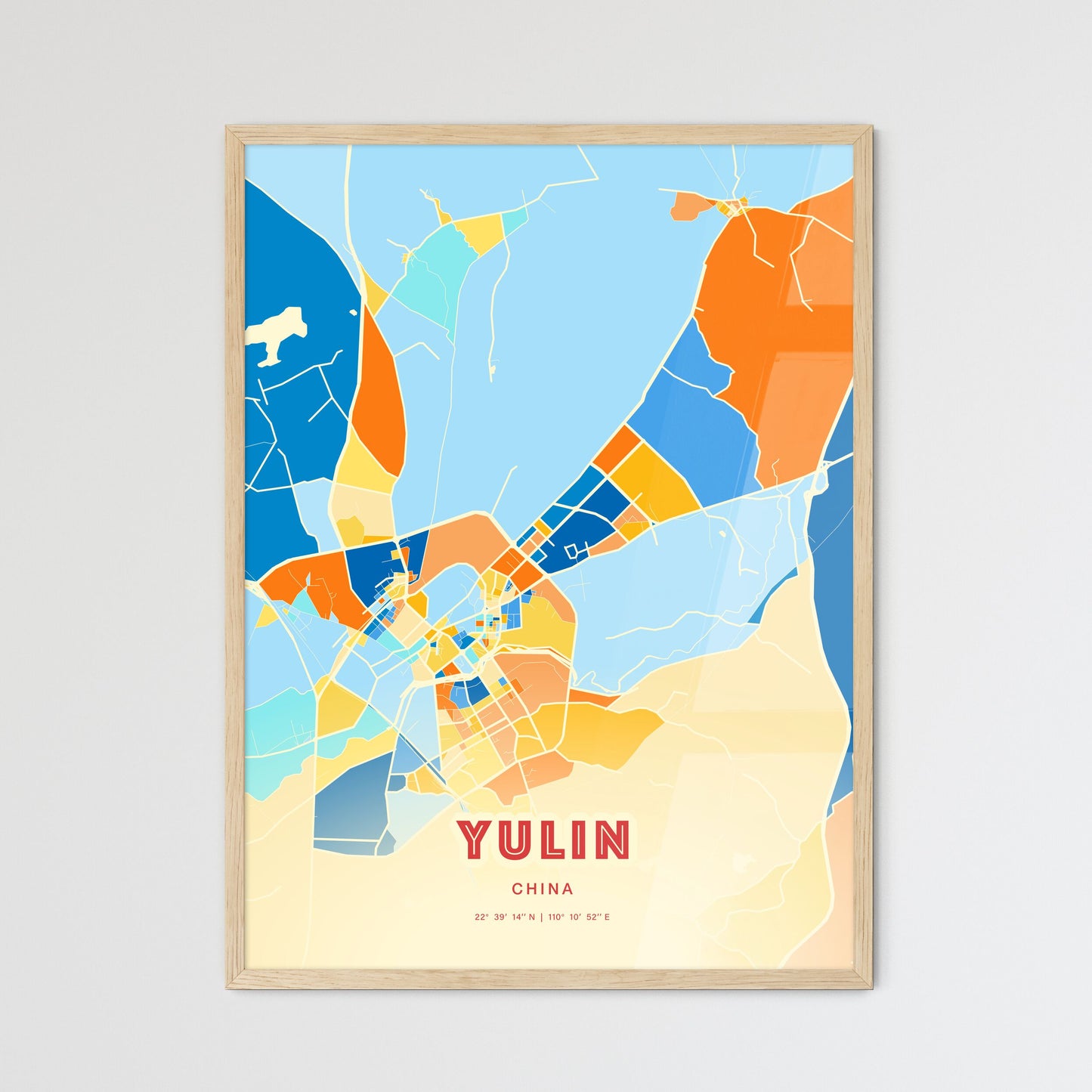 Colorful YULIN CHINA Fine Art Map Blue Orange