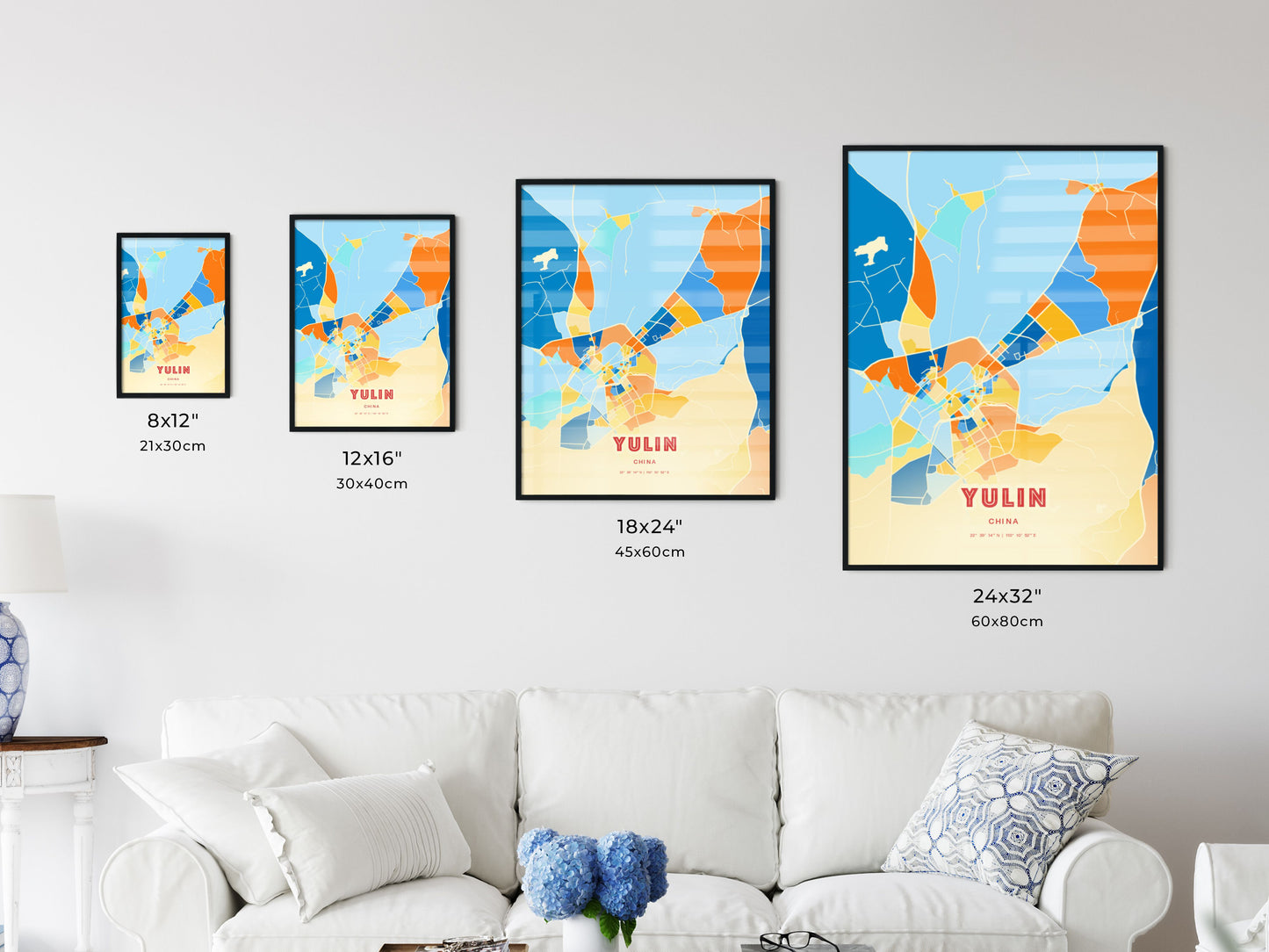 Colorful YULIN CHINA Fine Art Map Blue Orange