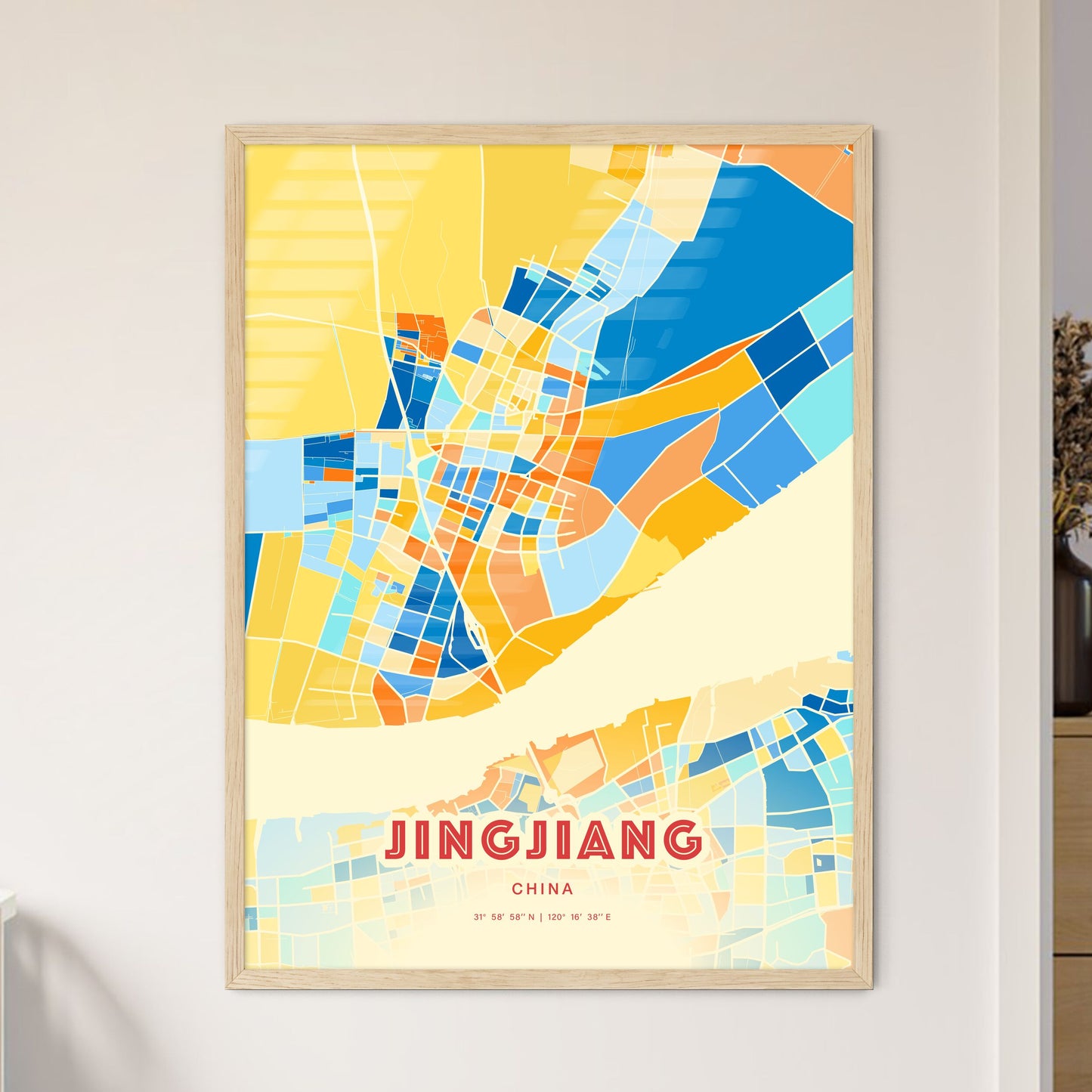 Colorful JINGJIANG CHINA Fine Art Map Blue Orange