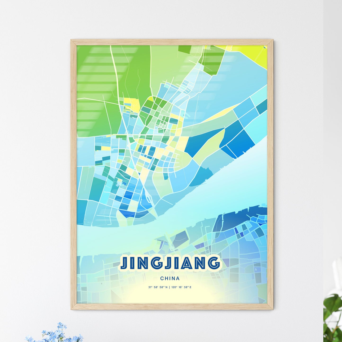 Colorful JINGJIANG CHINA Fine Art Map Cool Blue