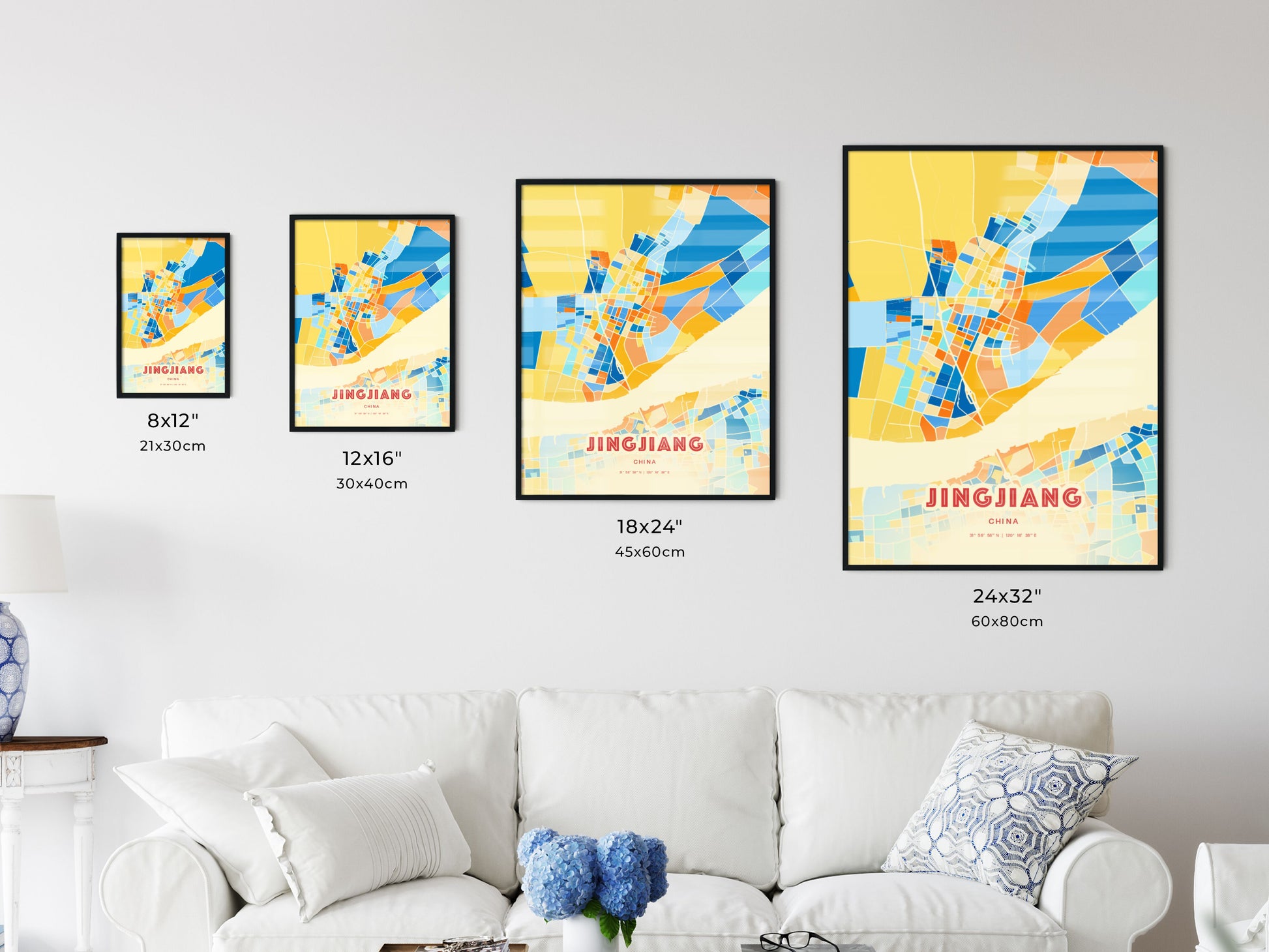 Colorful JINGJIANG CHINA Fine Art Map Blue Orange