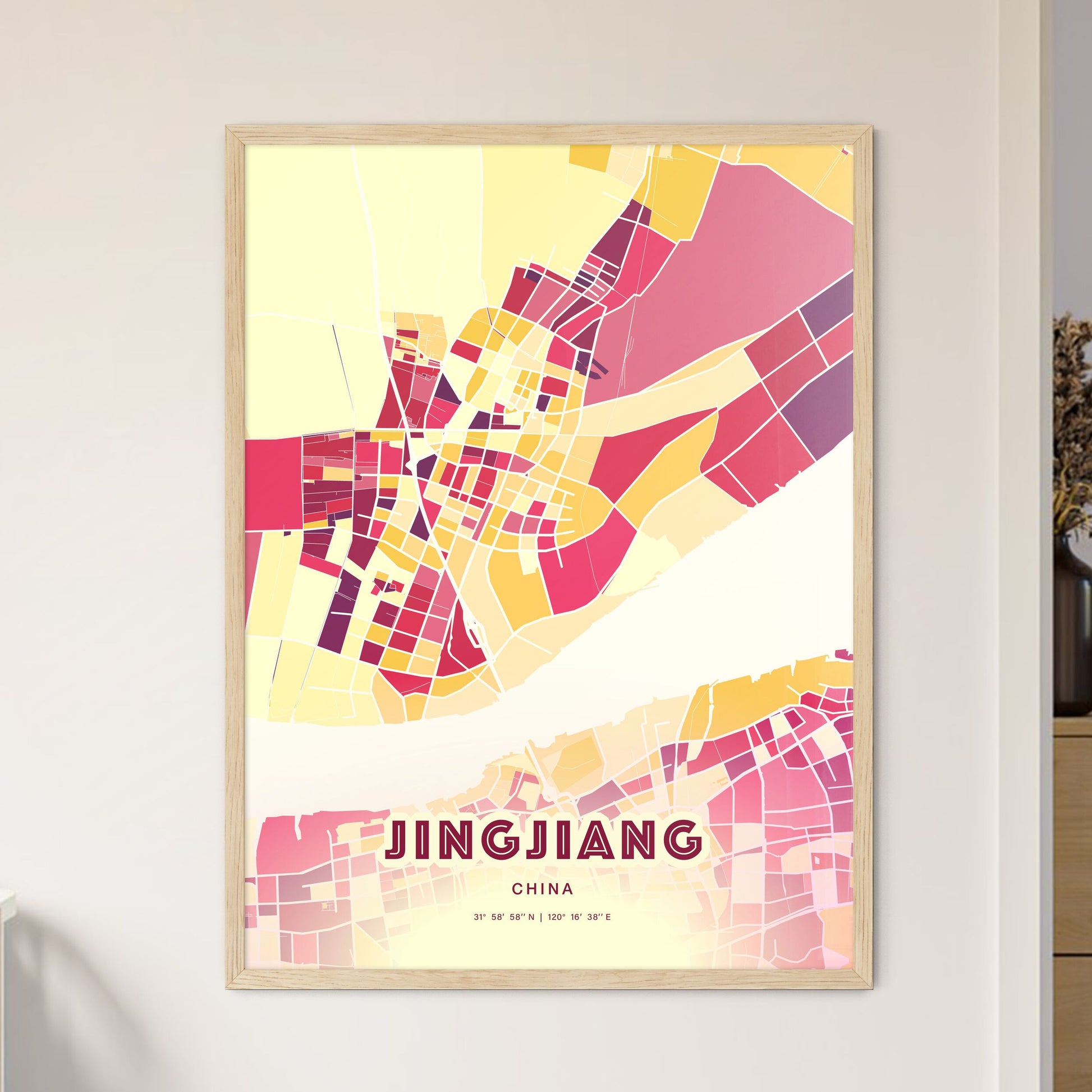 Colorful JINGJIANG CHINA Fine Art Map Hot Red