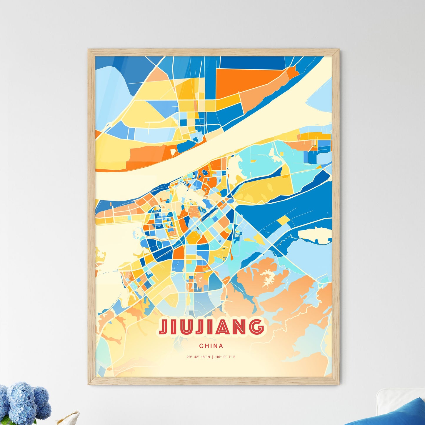 Colorful JIUJIANG CHINA Fine Art Map Blue Orange