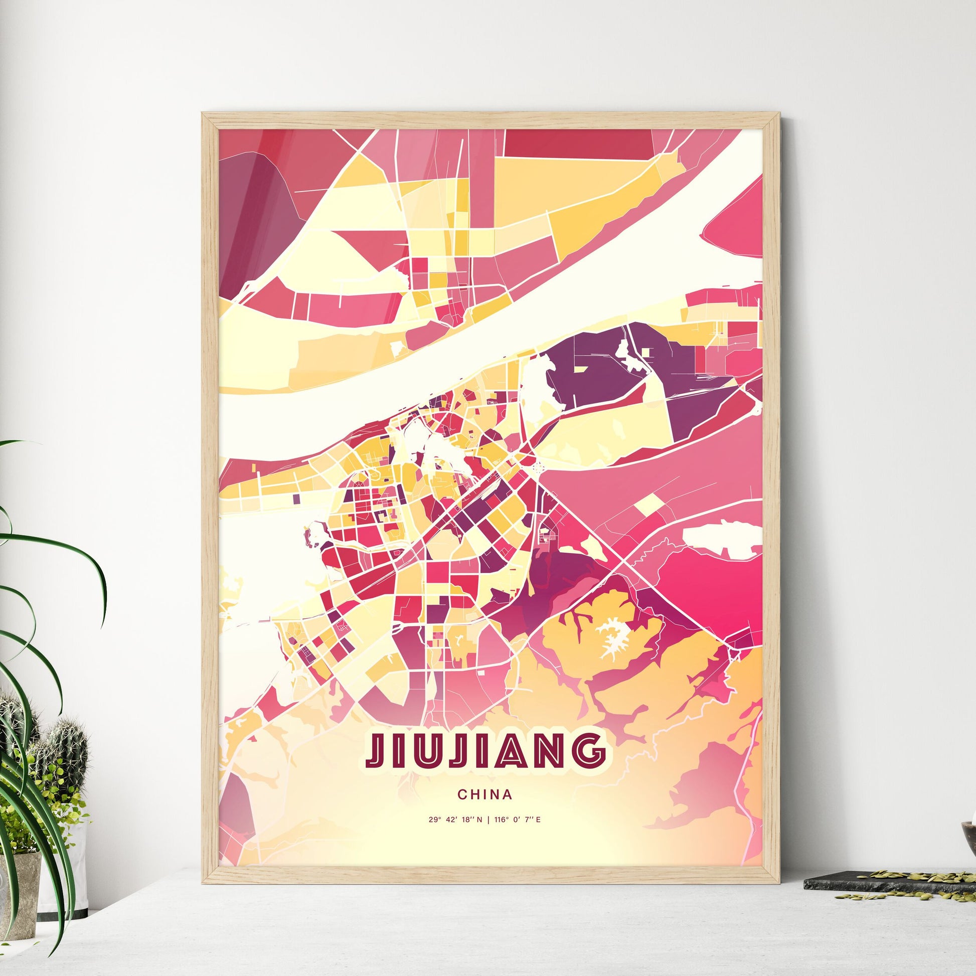 Colorful JIUJIANG CHINA Fine Art Map Hot Red