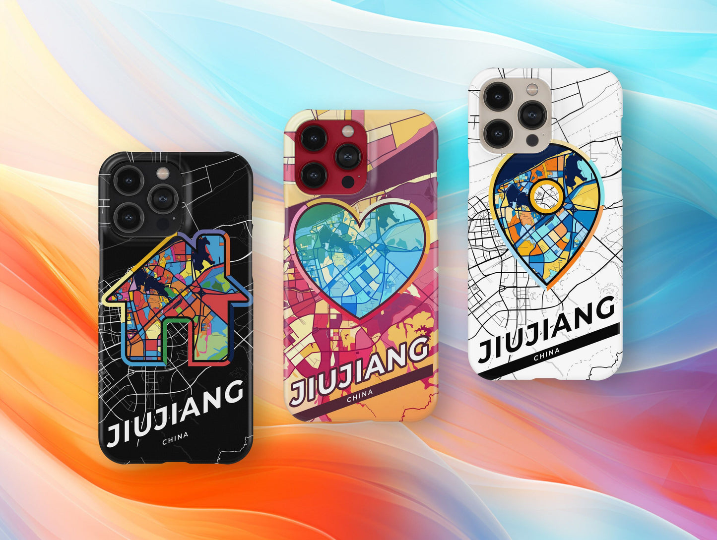 Jiujiang China slim phone case with colorful icon. Birthday, wedding or housewarming gift. Couple match cases.
