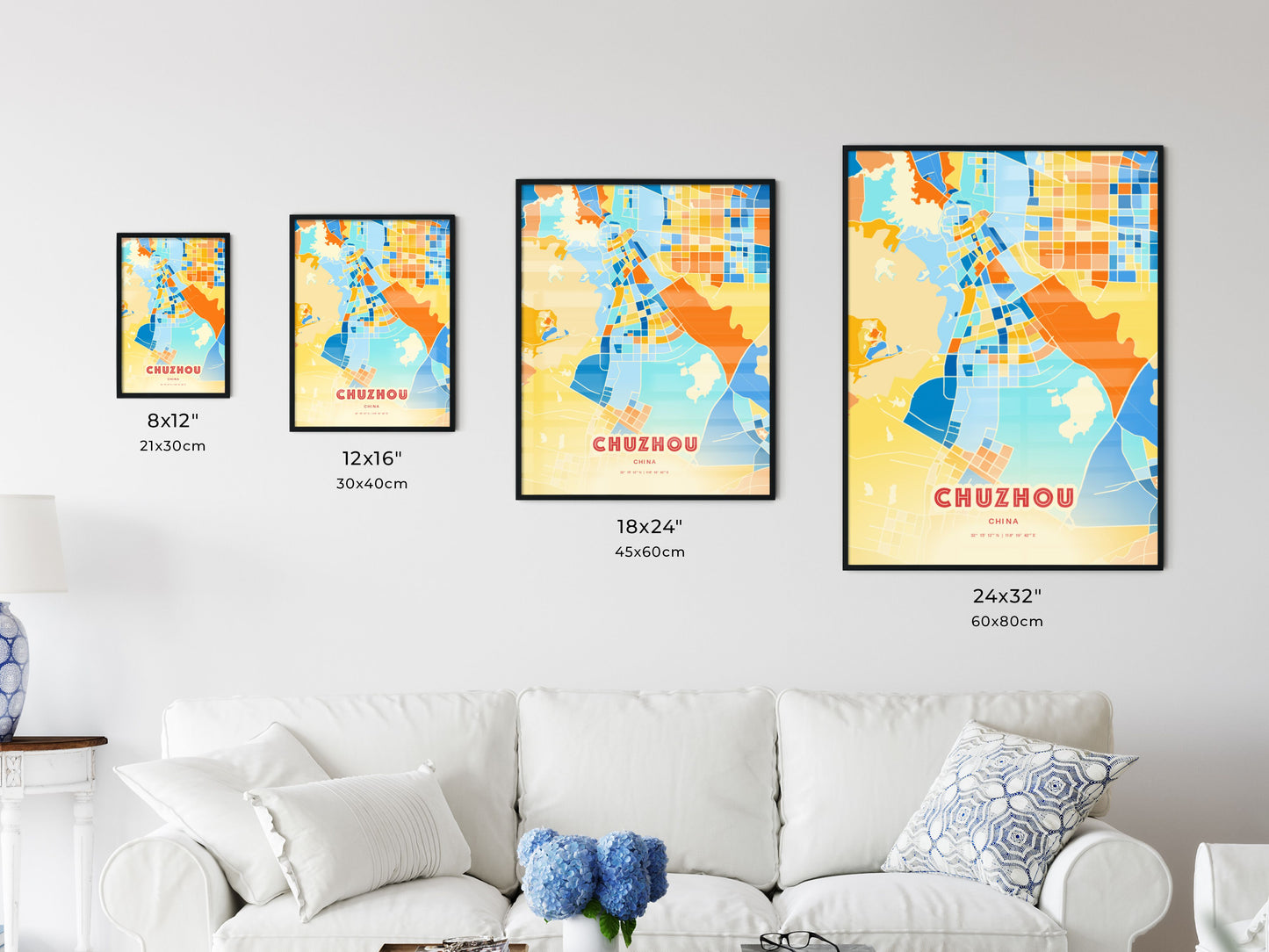 Colorful CHUZHOU CHINA Fine Art Map Blue Orange