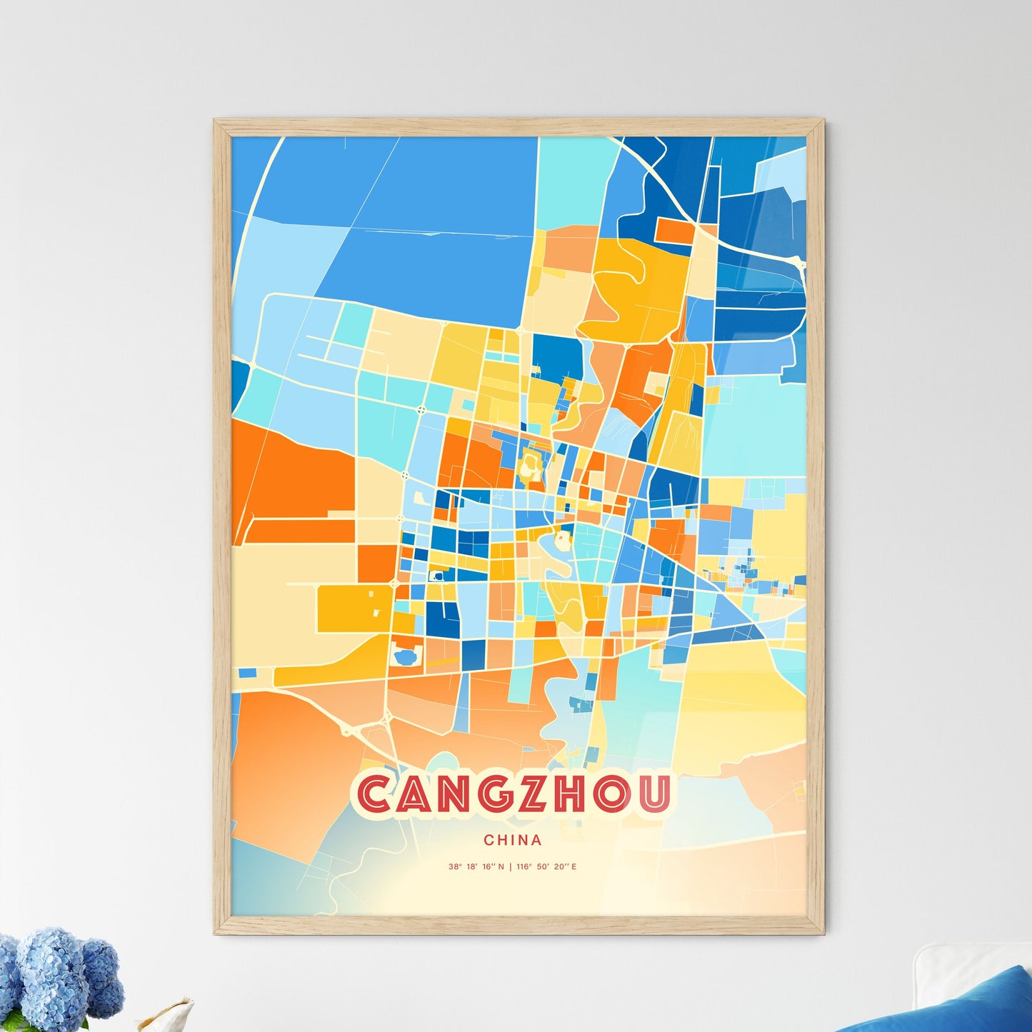 Colorful CANGZHOU CHINA Fine Art Map Blue Orange