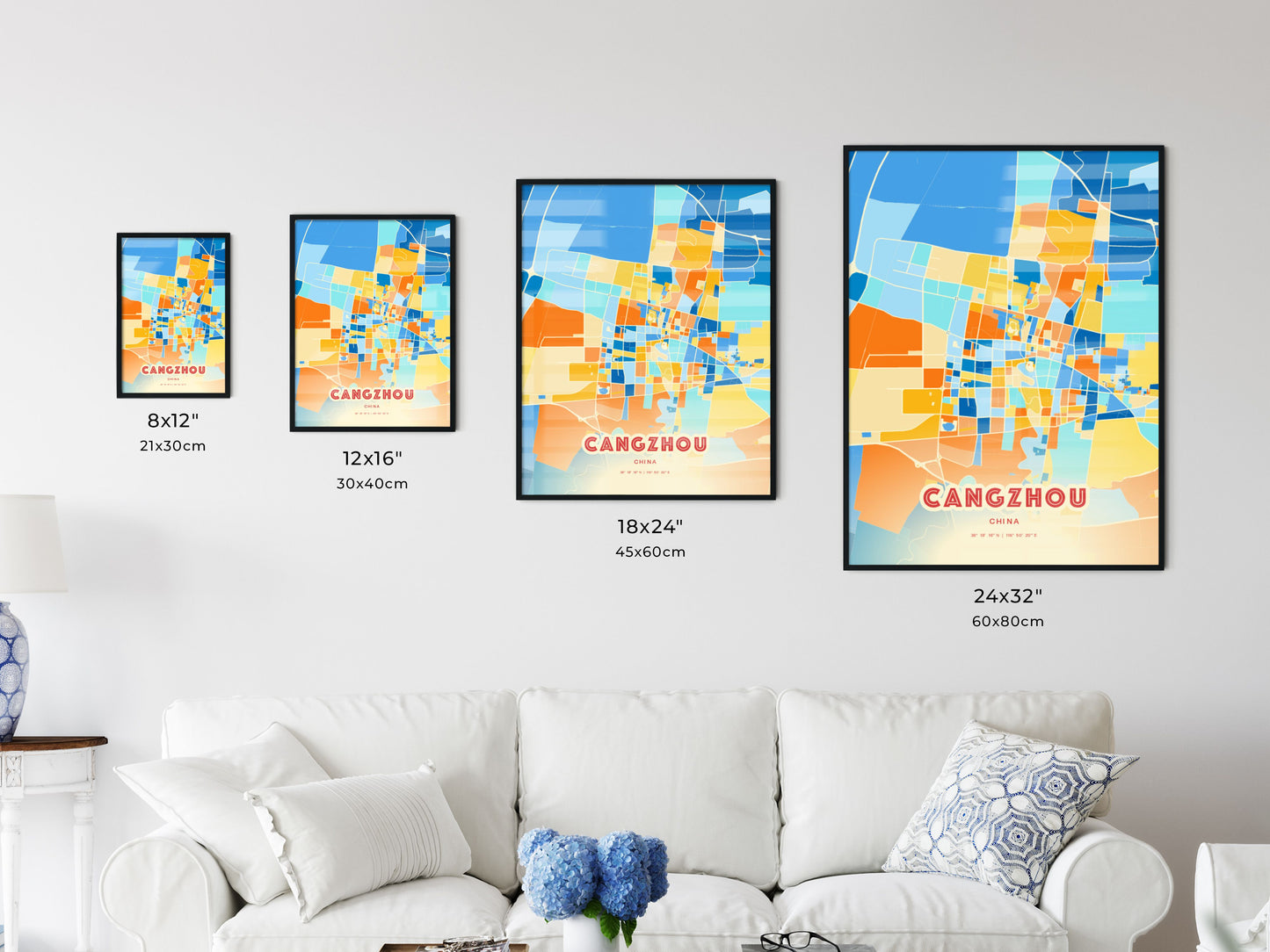 Colorful CANGZHOU CHINA Fine Art Map Blue Orange