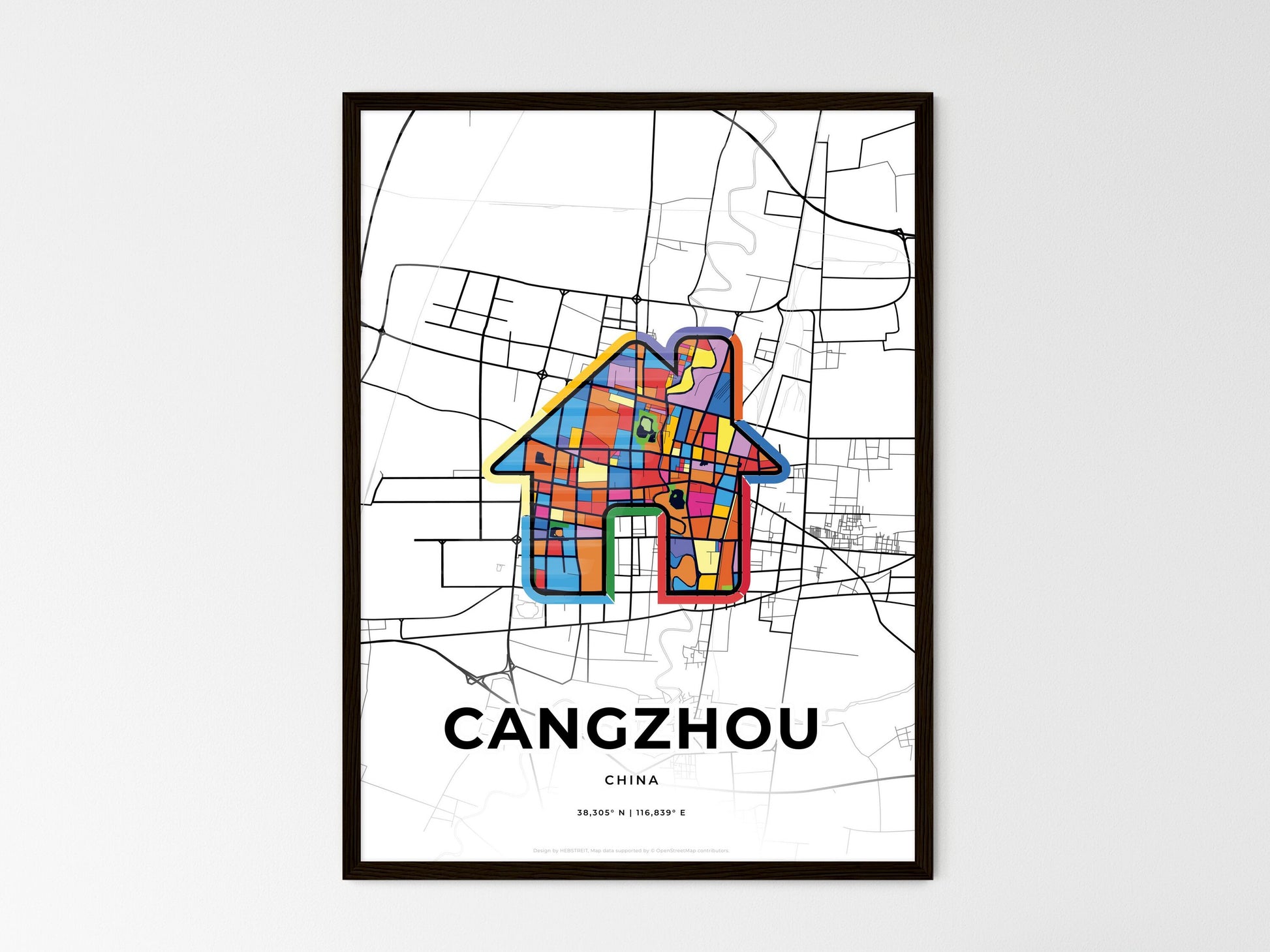 CANGZHOU CHINA minimal art map with a colorful icon. Where it all began, Couple map gift. Style 3