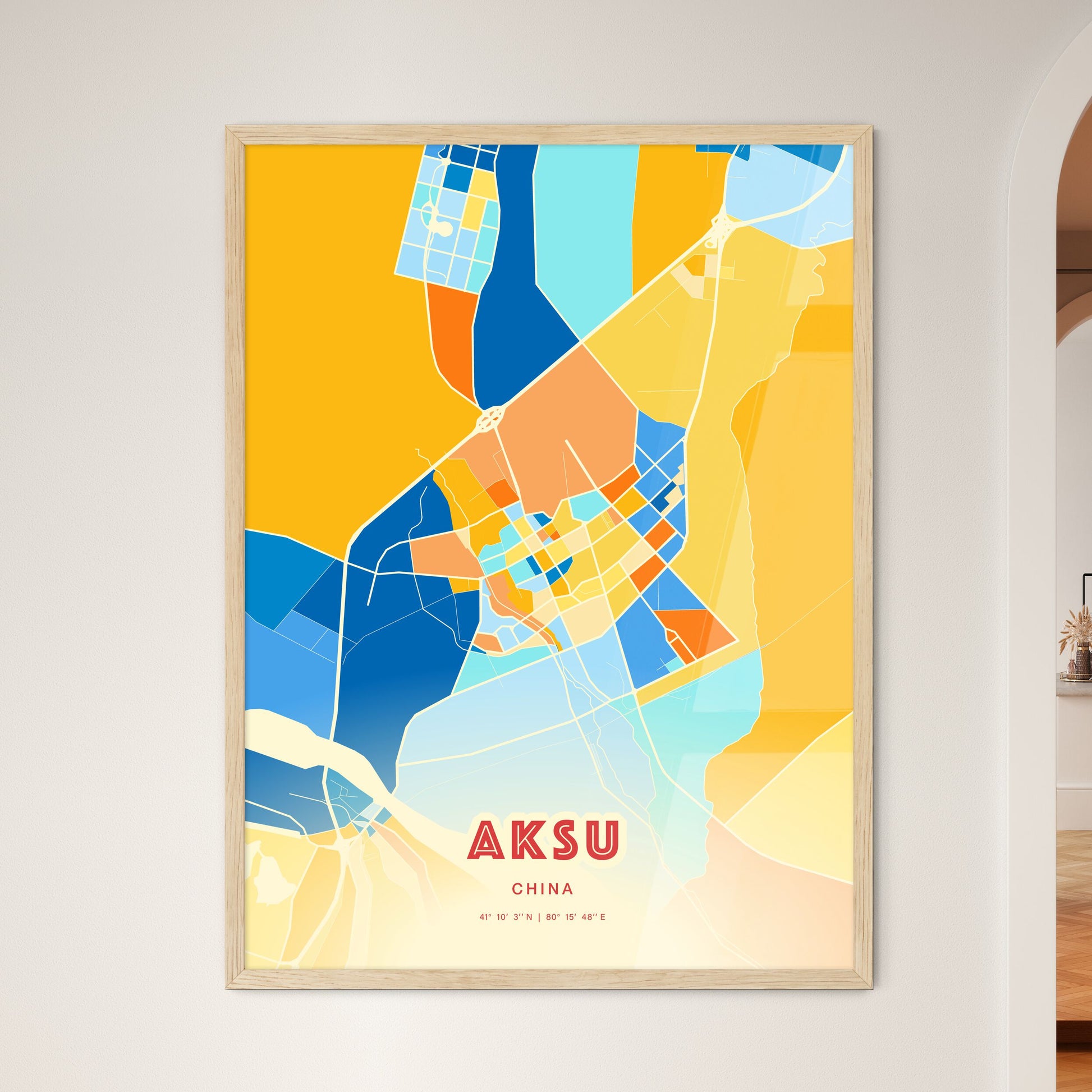 Colorful AKSU CHINA Fine Art Map Blue Orange