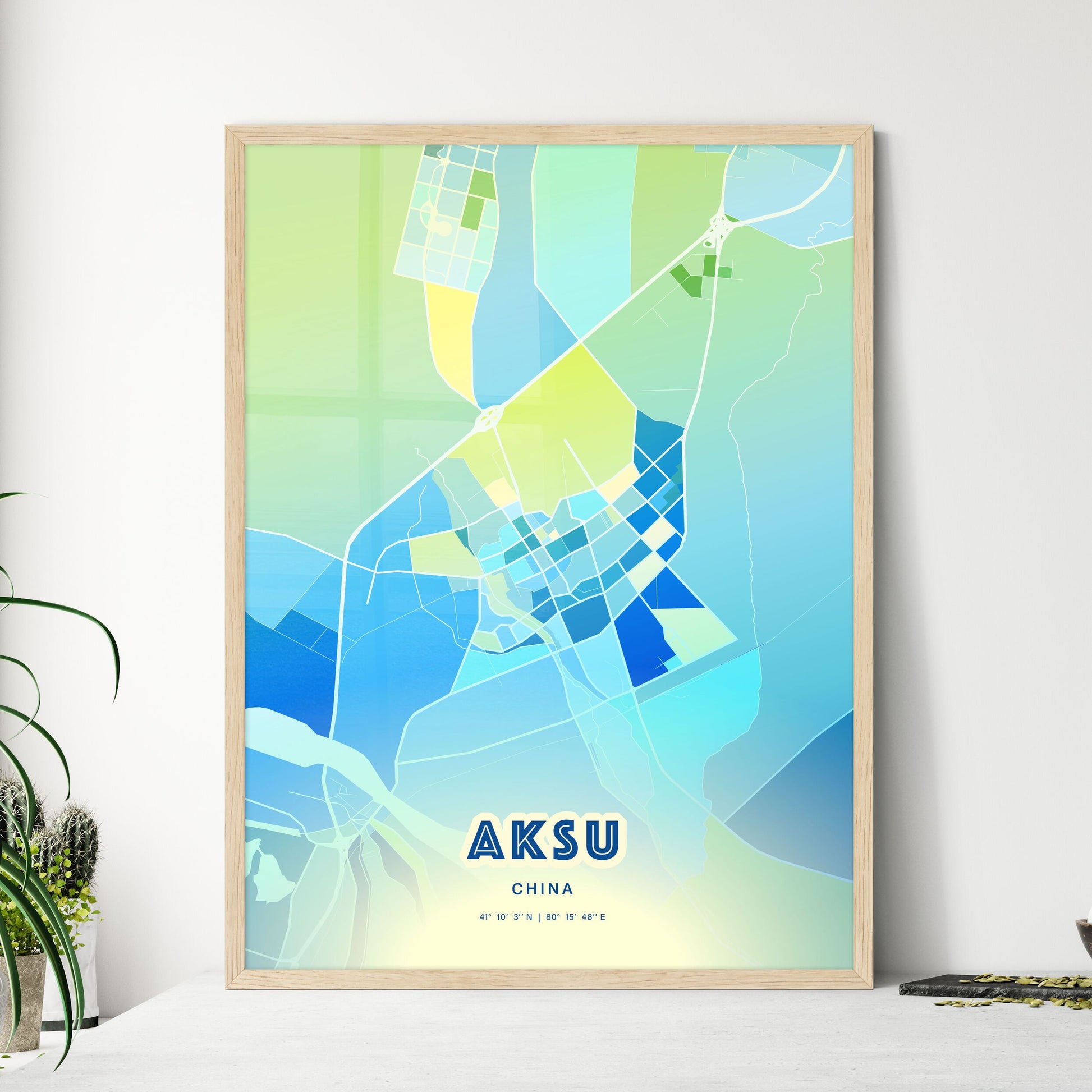 Colorful AKSU CHINA Fine Art Map Cool Blue