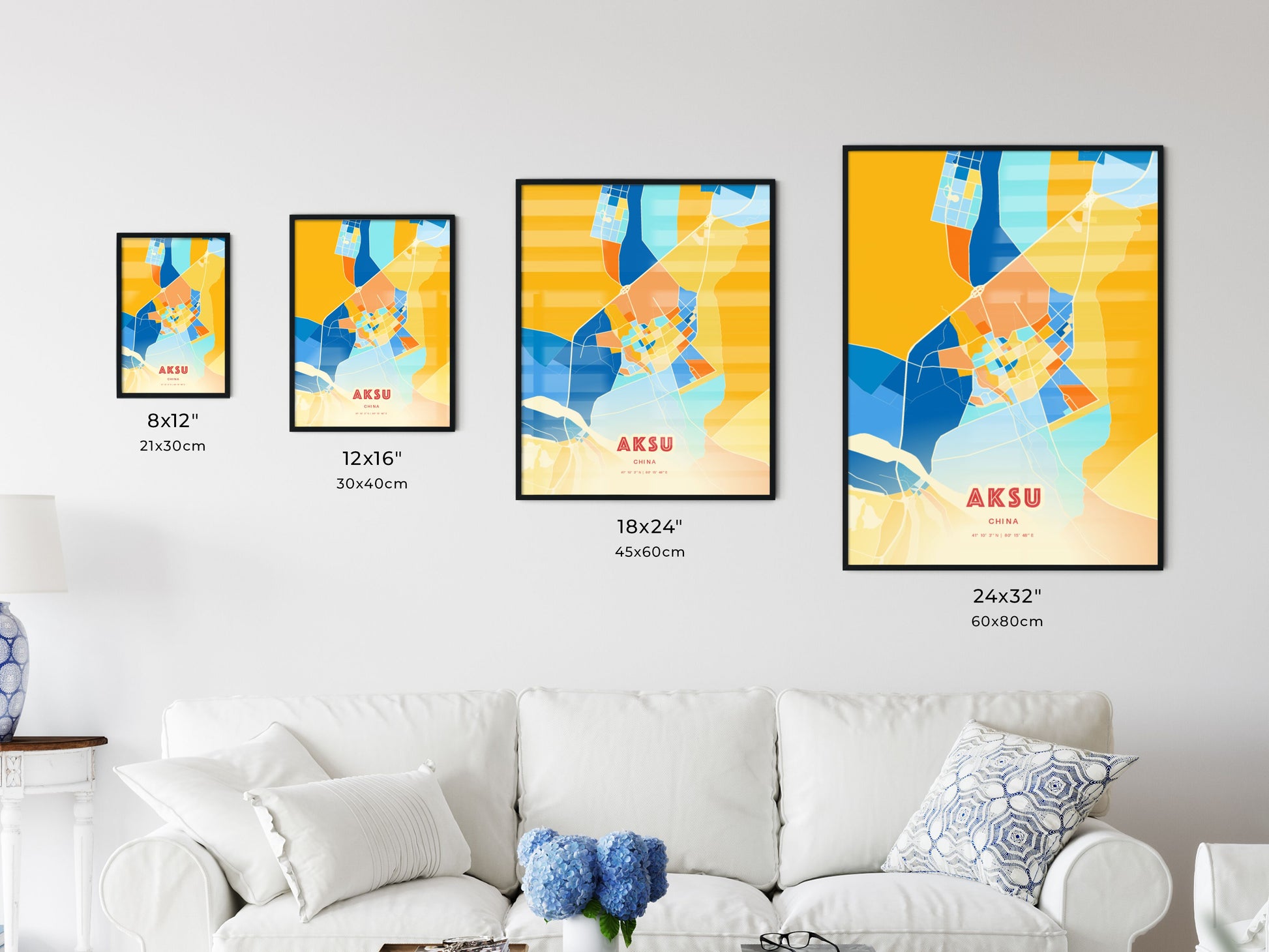 Colorful AKSU CHINA Fine Art Map Blue Orange