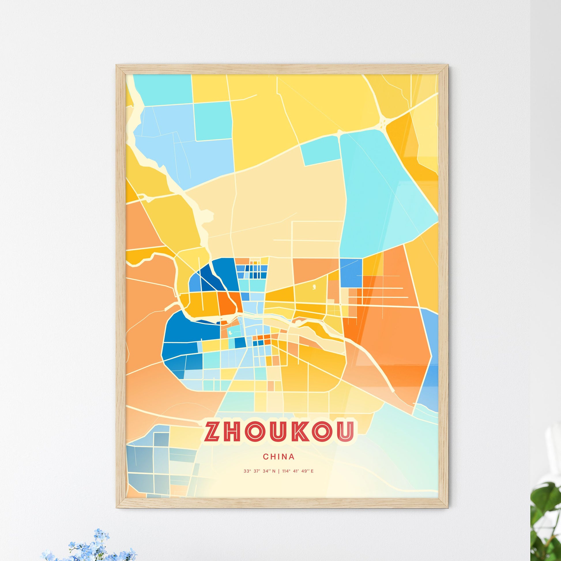 Colorful ZHOUKOU CHINA Fine Art Map Blue Orange