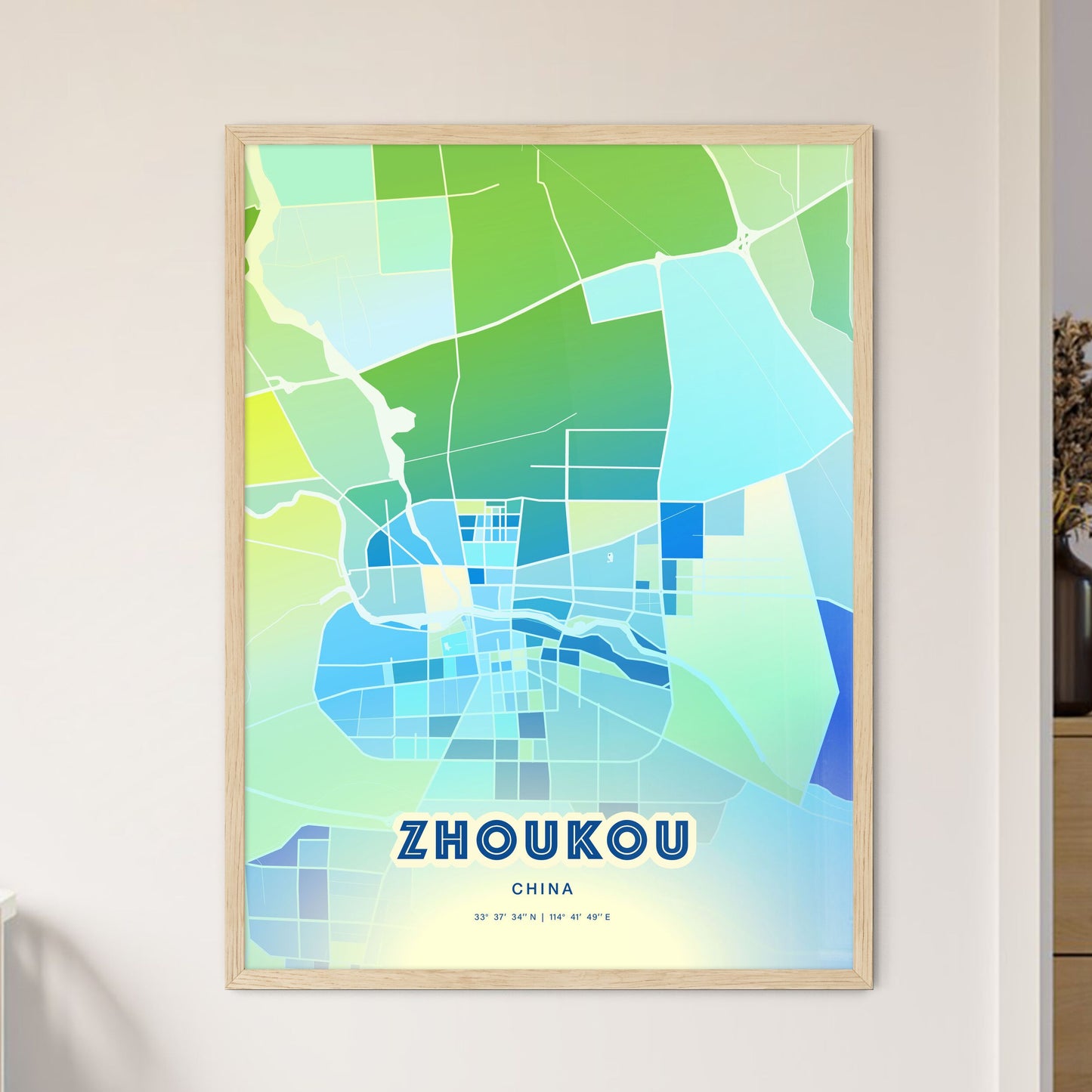 Colorful ZHOUKOU CHINA Fine Art Map Cool Blue