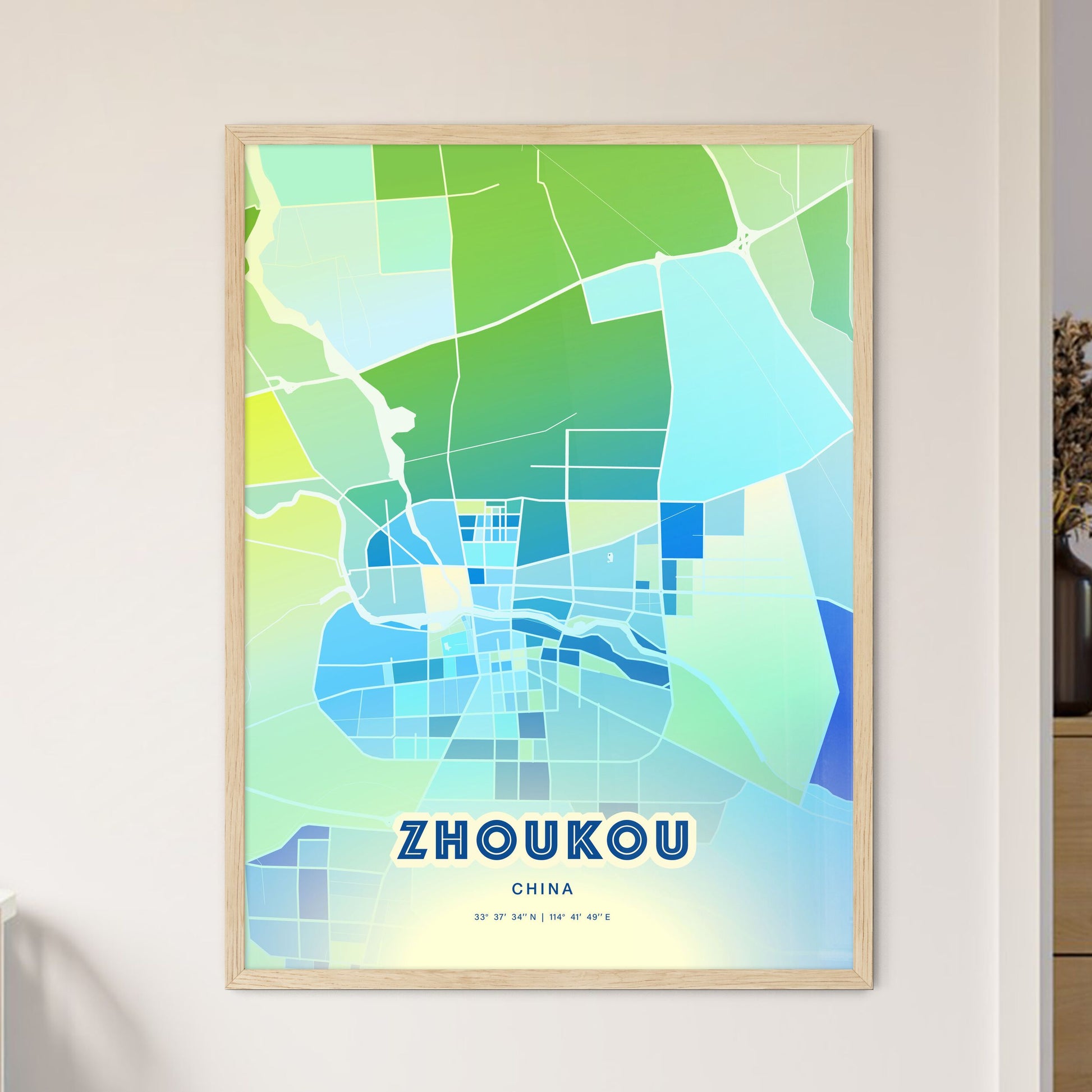 Colorful ZHOUKOU CHINA Fine Art Map Cool Blue