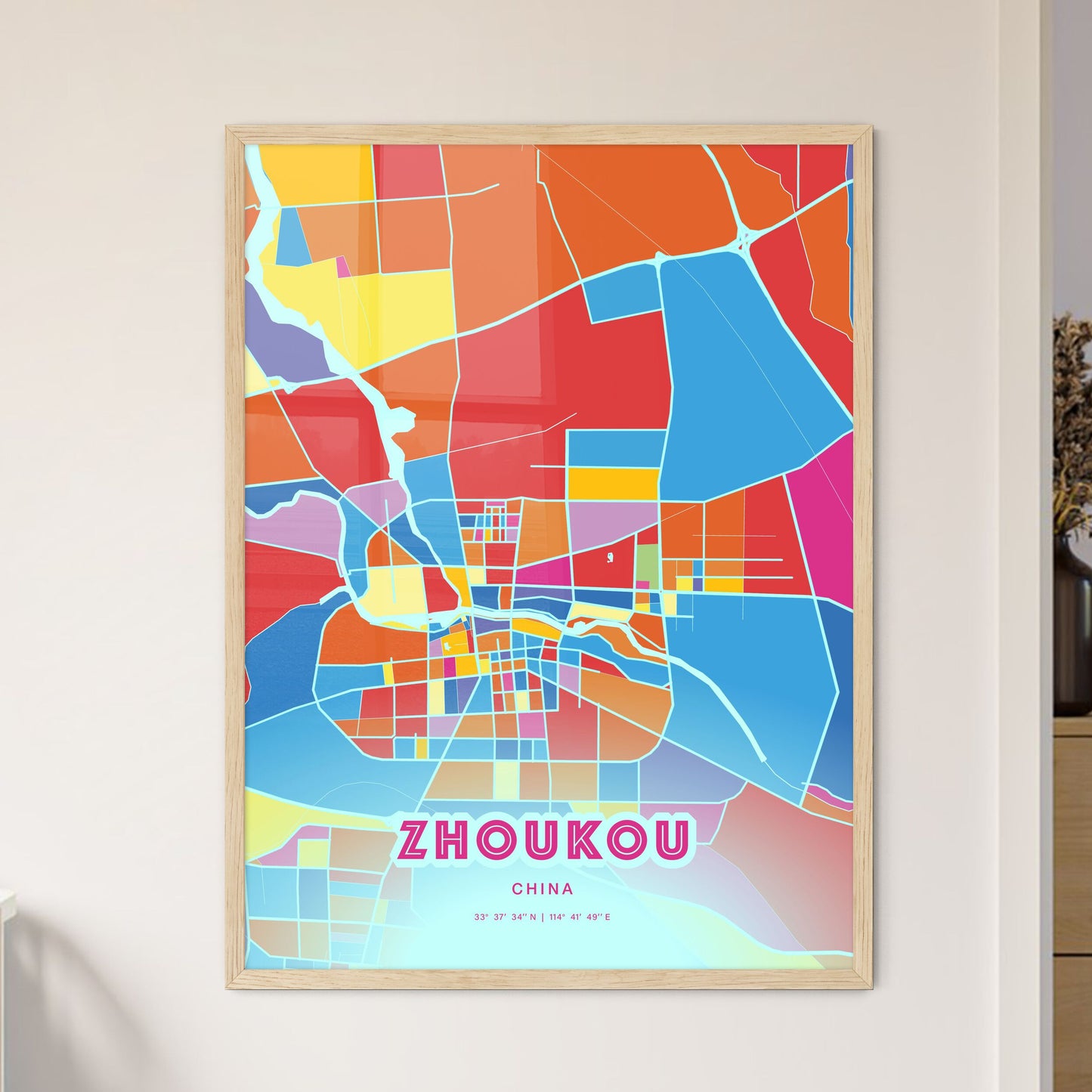 Colorful ZHOUKOU CHINA Fine Art Map Crazy Colors