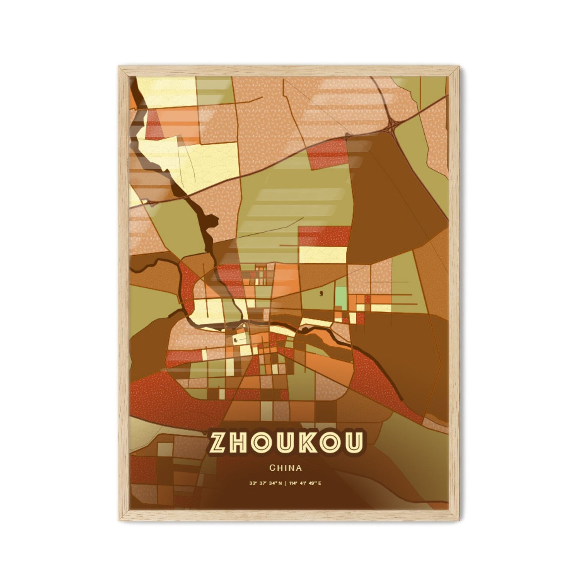 Colorful ZHOUKOU CHINA Fine Art Map Farmhouse