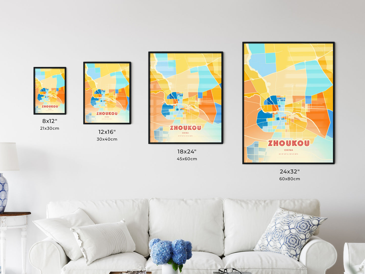 Colorful ZHOUKOU CHINA Fine Art Map Blue Orange