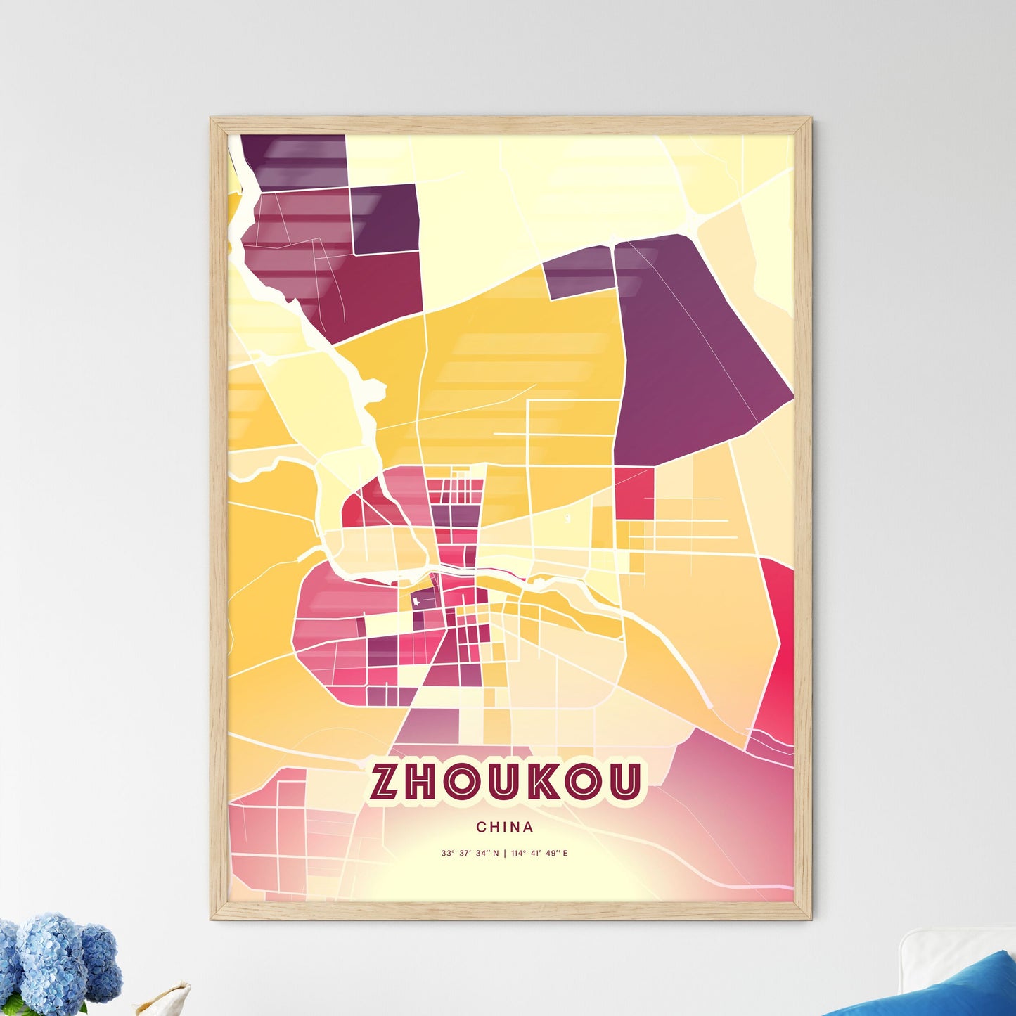 Colorful ZHOUKOU CHINA Fine Art Map Hot Red